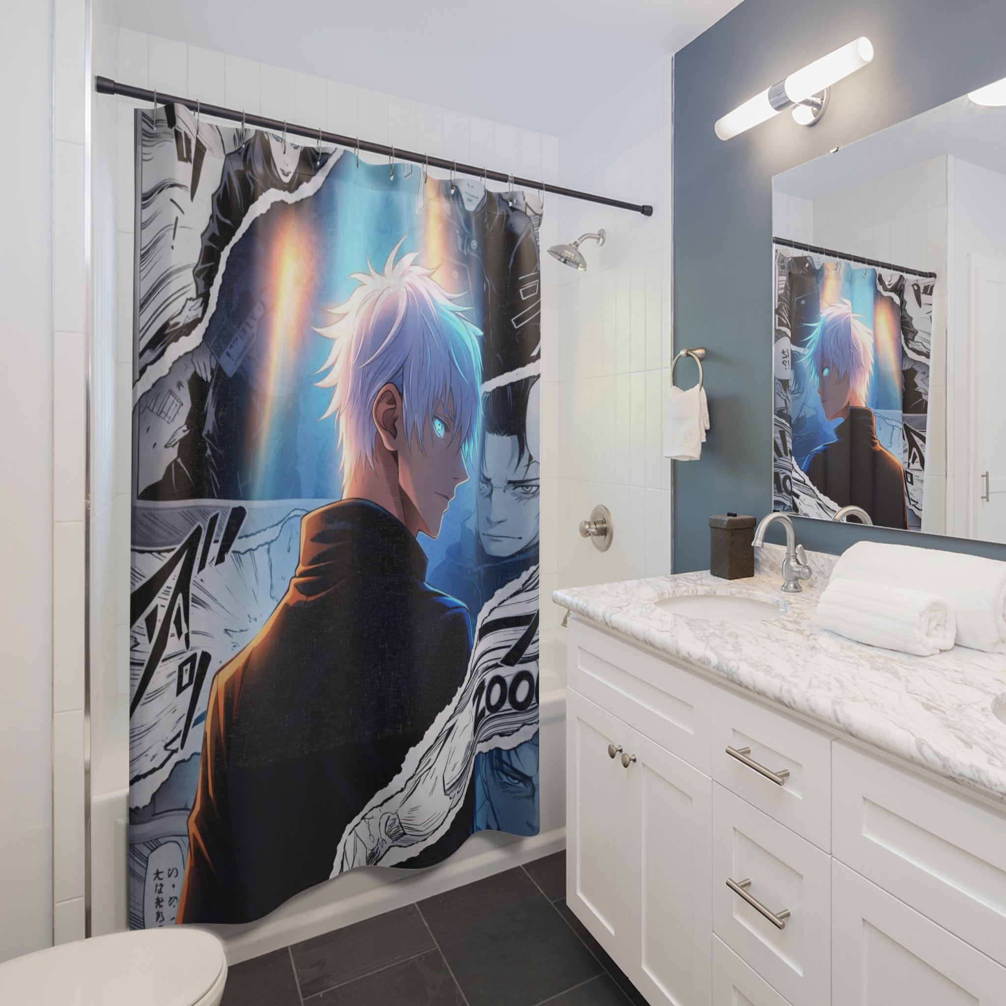Anime Manga Character Shower Curtain | Blue-Haired Male, Comic Panel Design