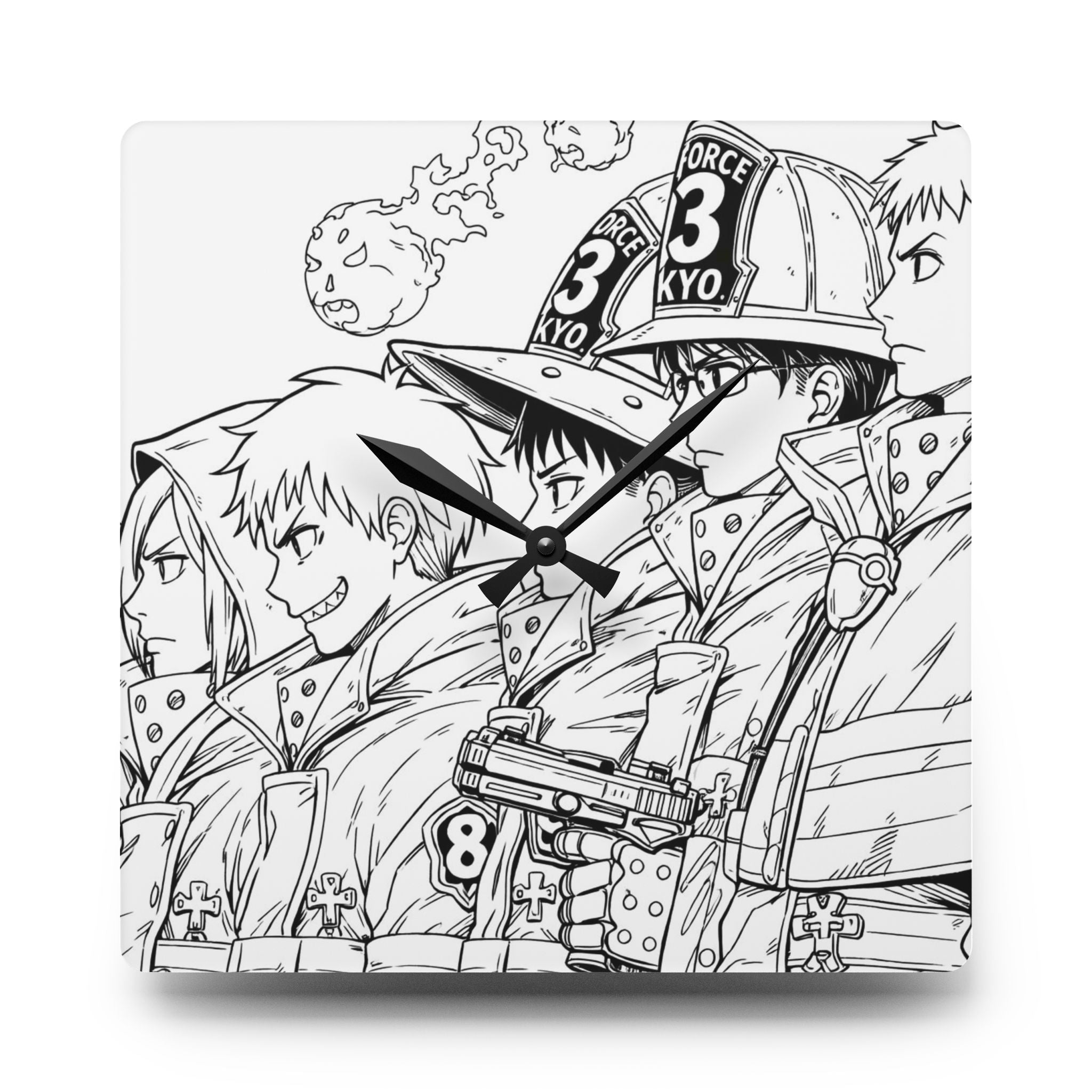 Firefighters Line Art Acrylic Wall Clock | Anime Squad Sketch