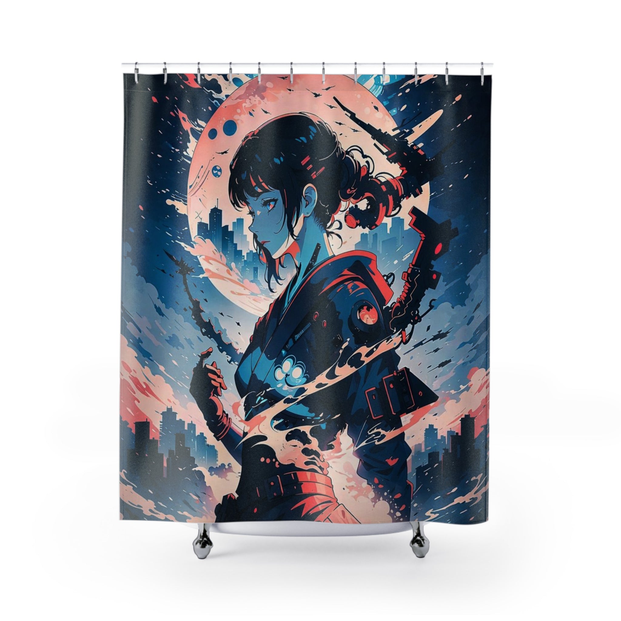 Samurai Girl Moonlight Shower Curtain | Anime Cityscape Bathroom Decor