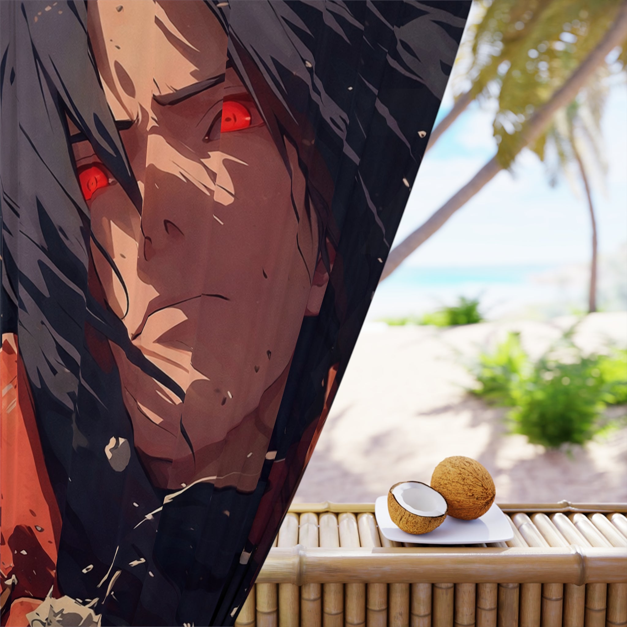Anime Character Curtain — Dark Red-Eyed Ninja Window Drapery