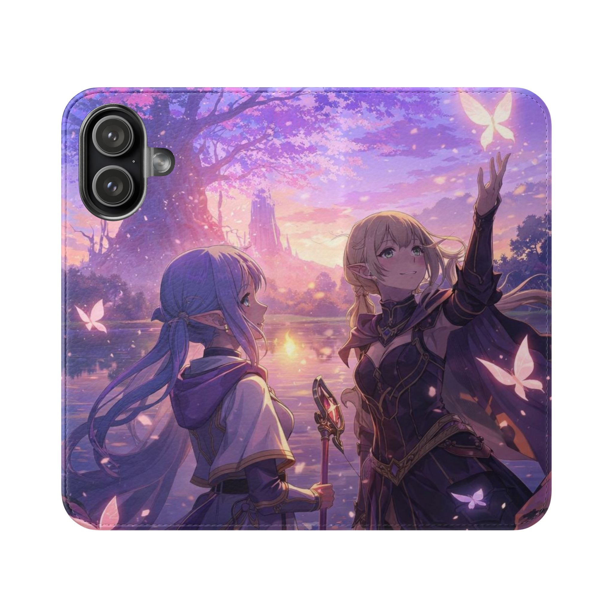 Anime Landscape Flip Phone Case — Fantasy Sunset Genshin-Style Wallet Cover