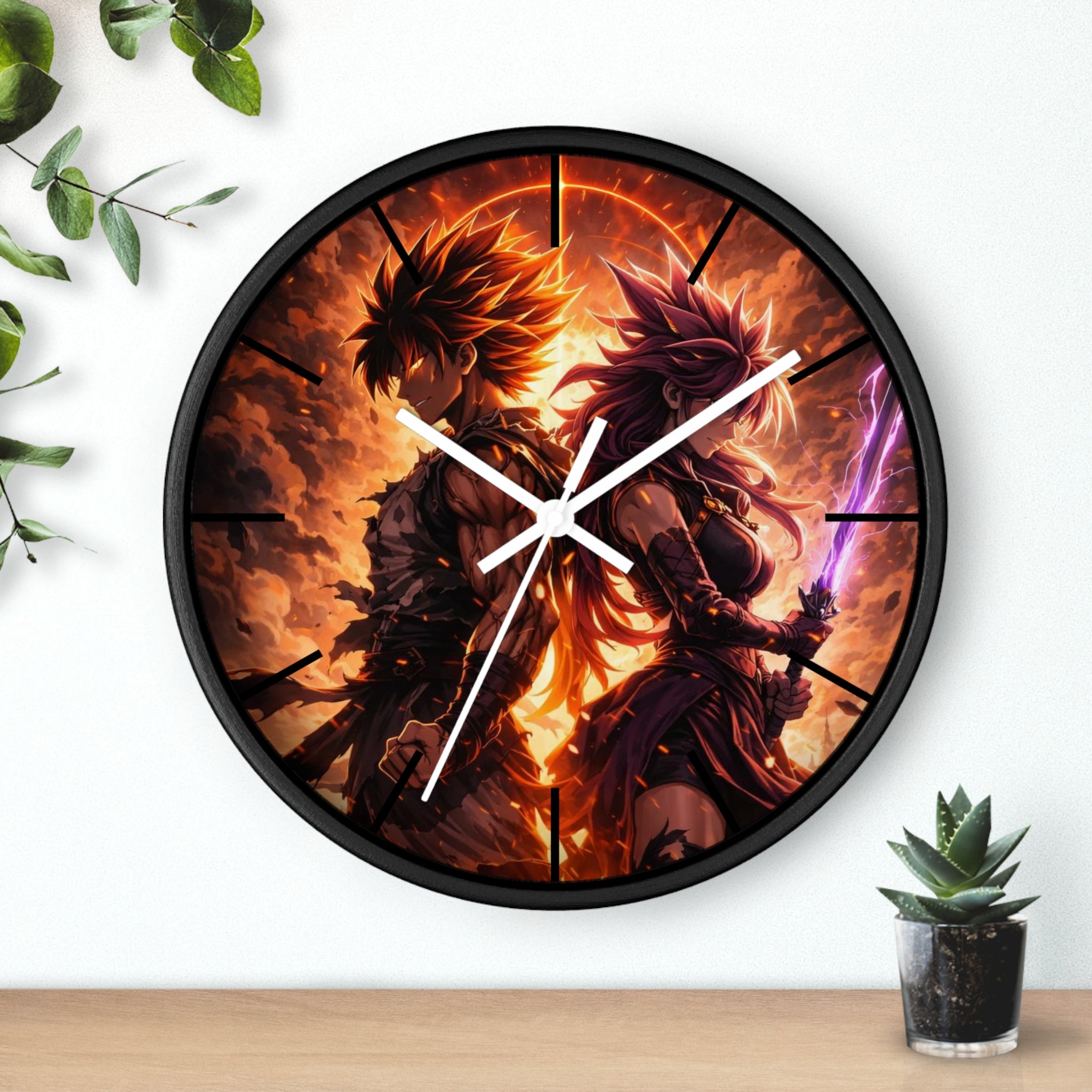 Fiery Warrior Duo Wall Clock | Fantasy Anime Swordfighters, Glowing Battle Scene