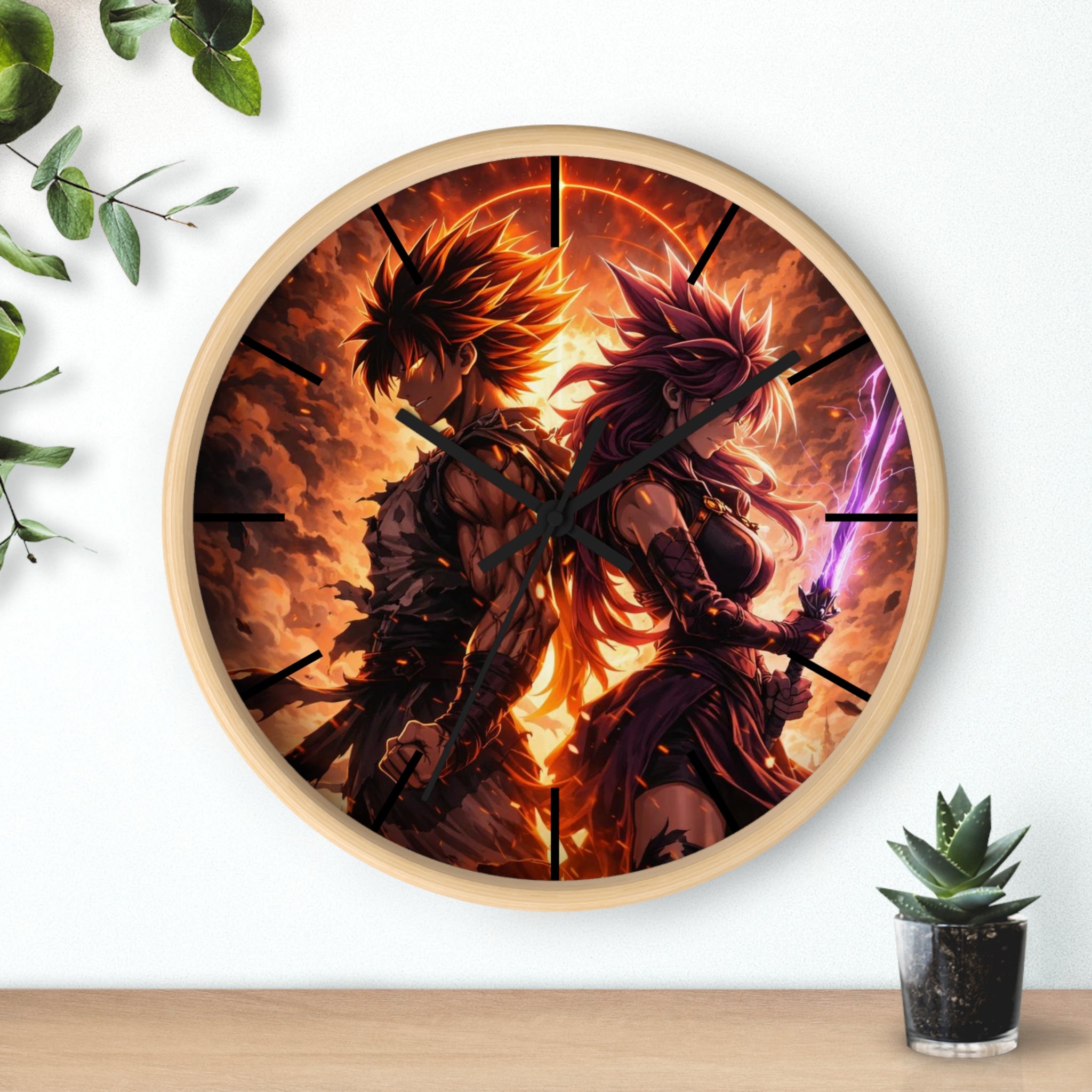 Fiery Warrior Duo Wall Clock | Fantasy Anime Swordfighters, Glowing Battle Scene