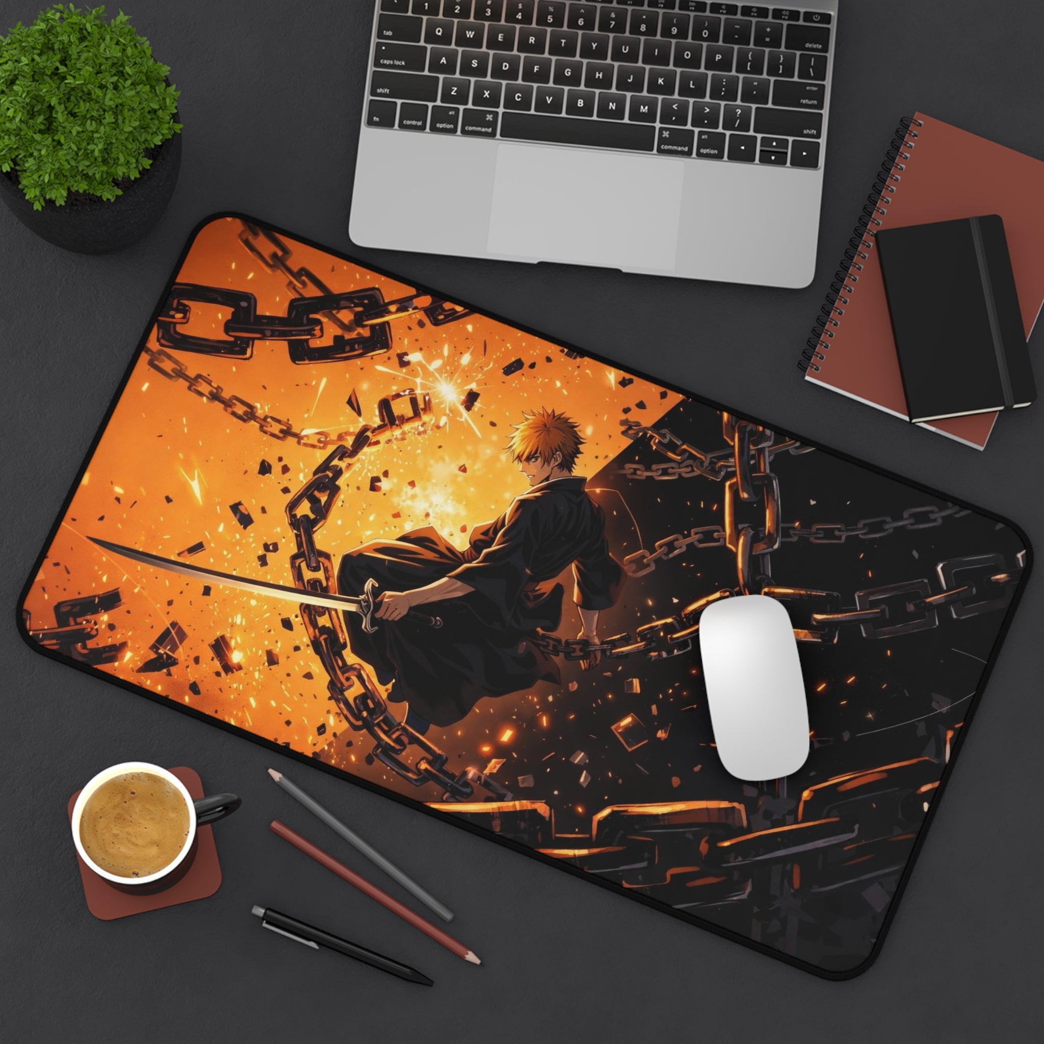 Anime Sword Warrior Desk Mat — Fiery Chains Gaming Mouse Pad