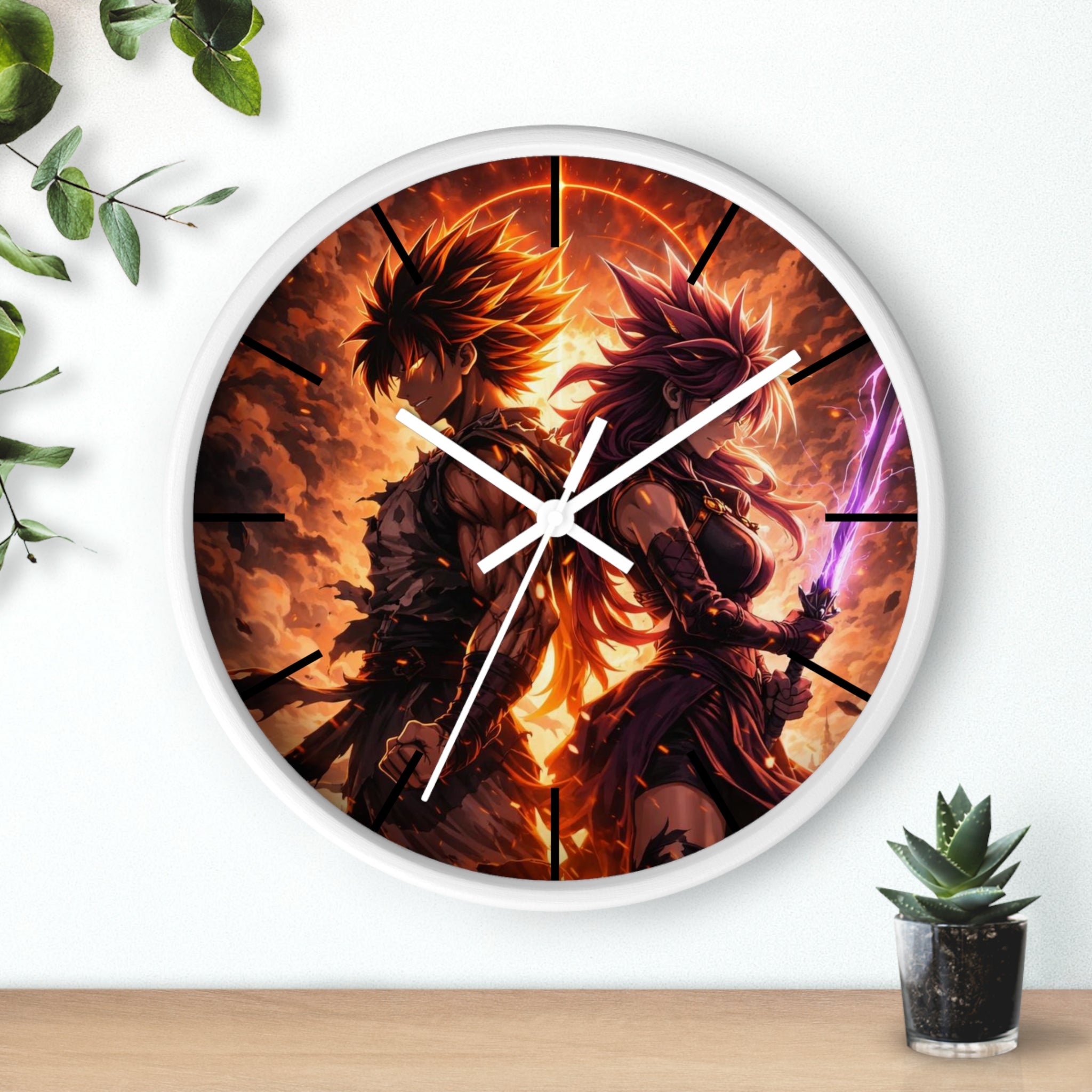 Fiery Warrior Duo Wall Clock | Fantasy Anime Swordfighters, Glowing Battle Scene