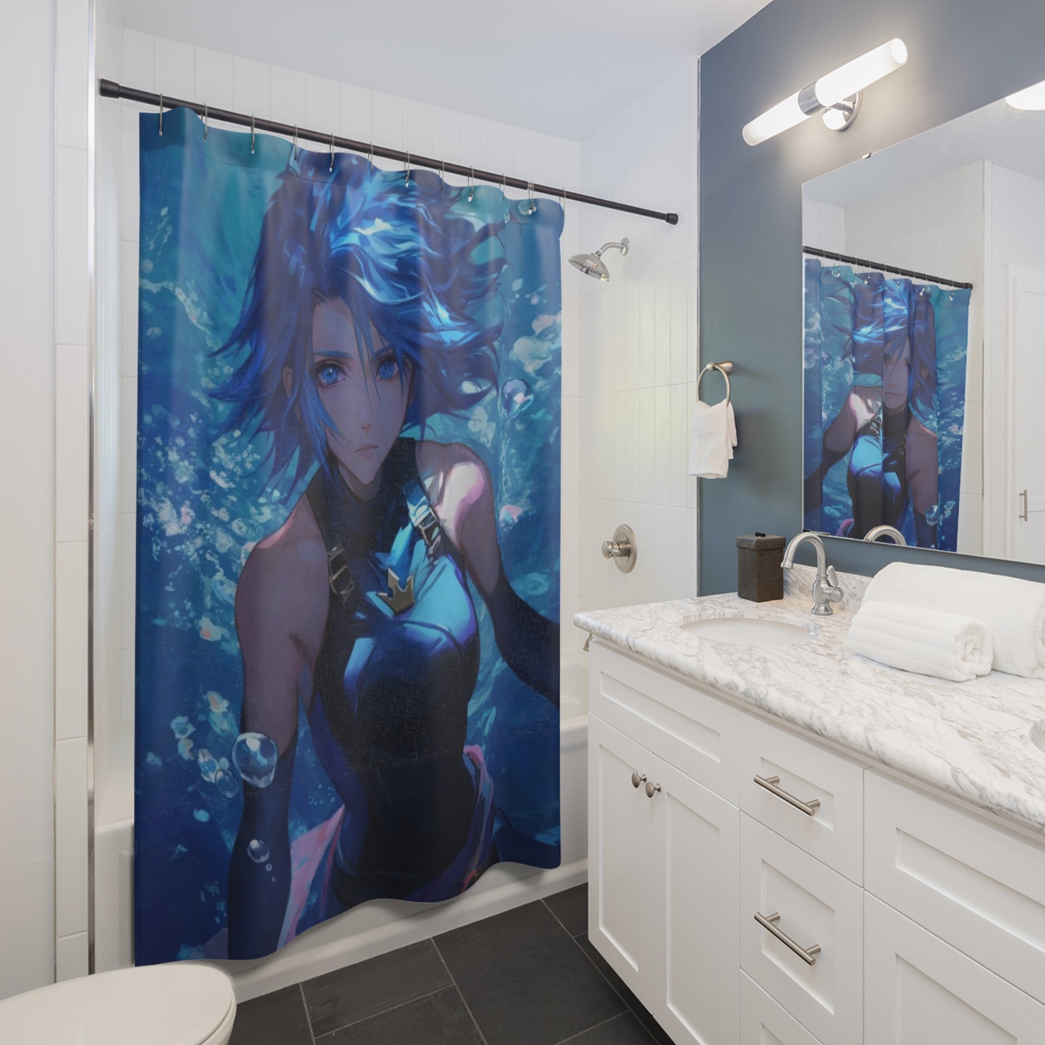 Underwater Blue Anime Girl Shower Curtain | Ocean Fantasy Bathroom Decor
