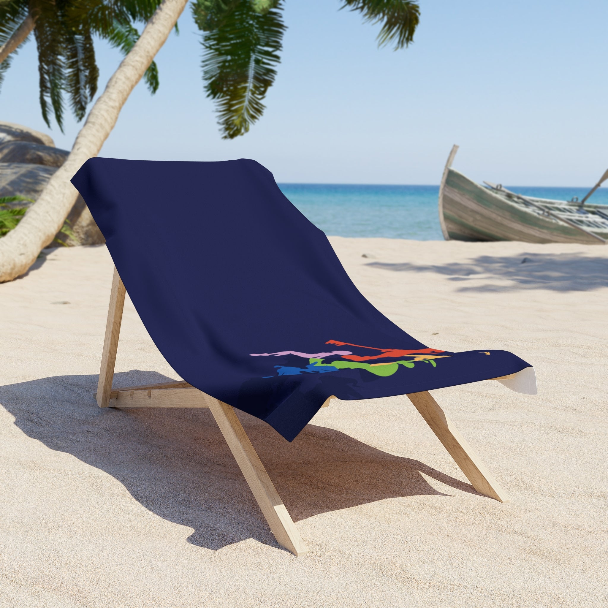 Colorful Mermaid Silhouette Beach Towel | Navy Ocean Stripe