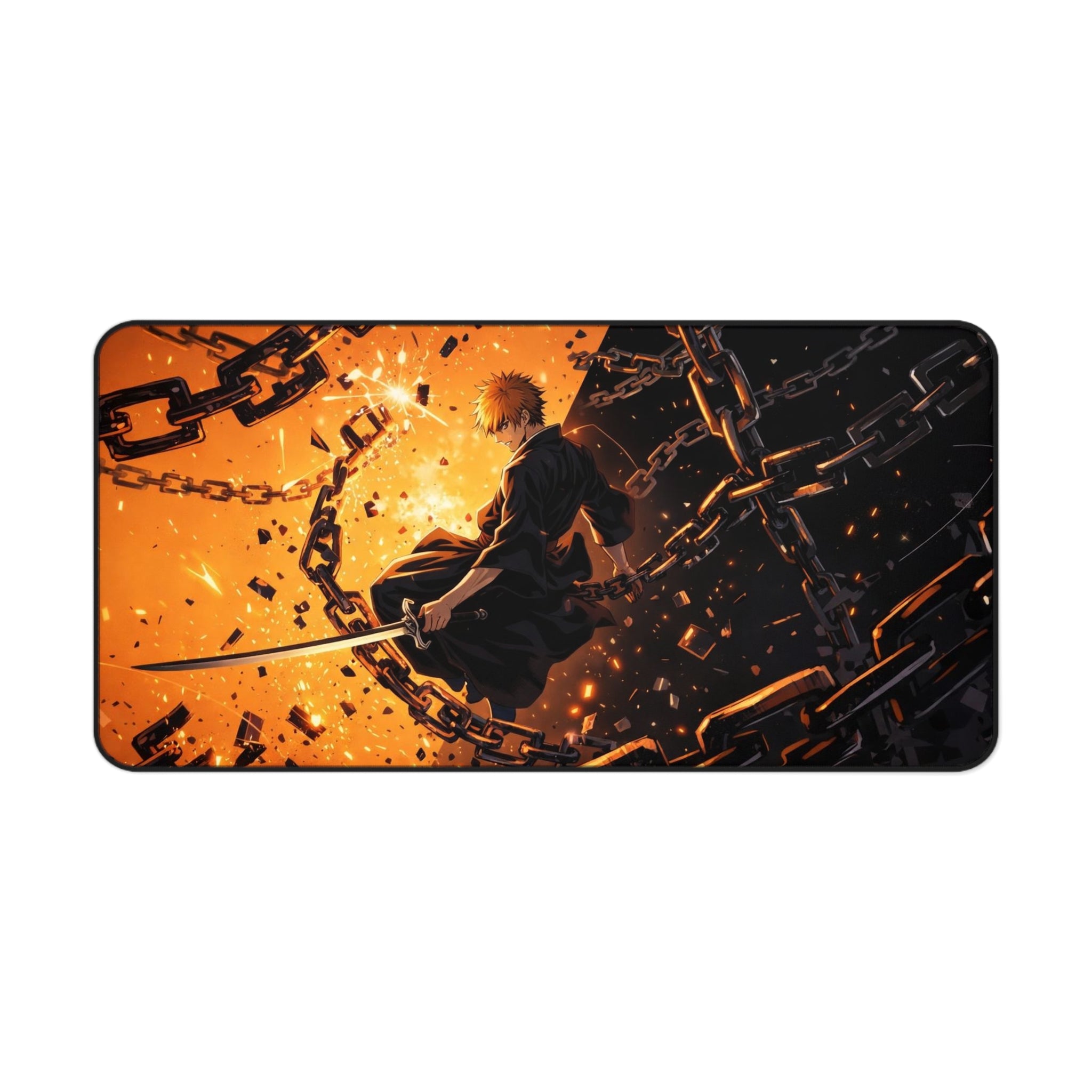 Anime Sword Warrior Desk Mat — Fiery Chains Gaming Mouse Pad