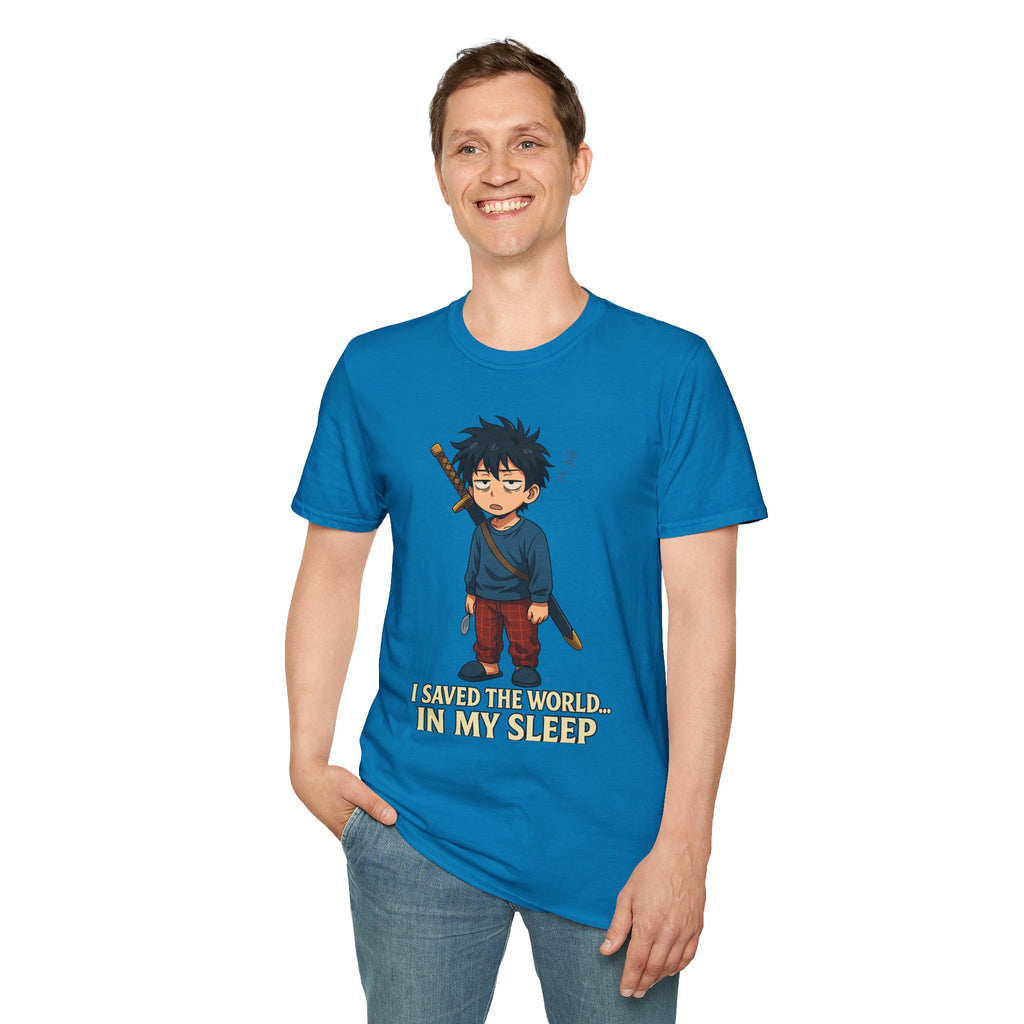 I Saved the World... In My Sleep Unisex Softstyle T-Shirt | Perfect for Sleep Lovers, Casual Wear, Gifts, Anime Fans, Fun Tee