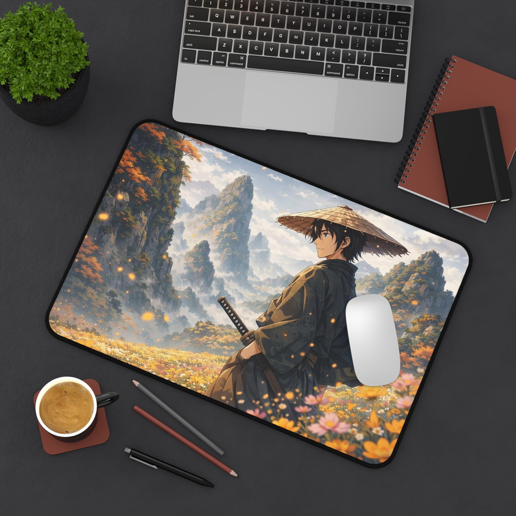 Samurai Landscape Desk Mat — Autumn Mountain Gaming & Work Mouse Pad