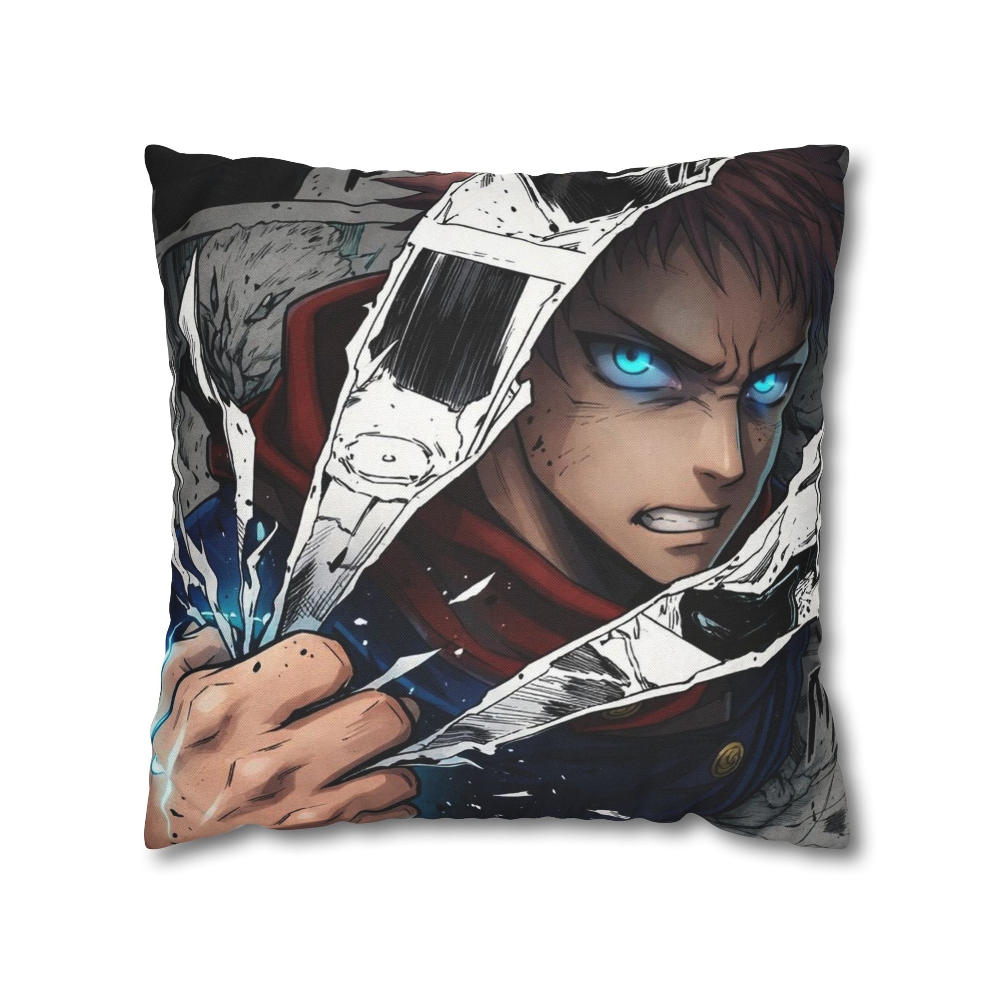 Angry Anime Warrior Spun Polyester Square Pillowcase | Blue Glowing Eyes