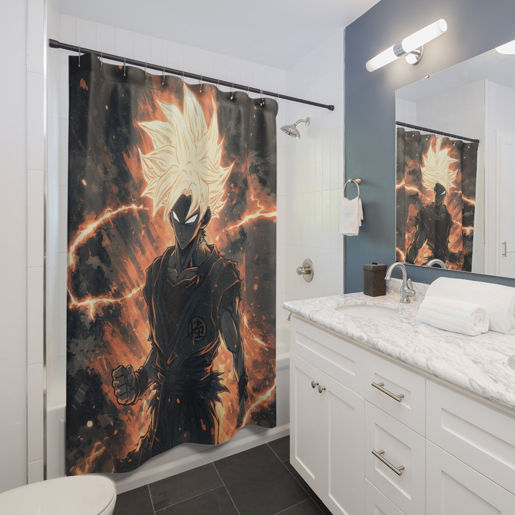 Flaming Super Saiyan Shower Curtain | Anime Warrior Bathroom Decor