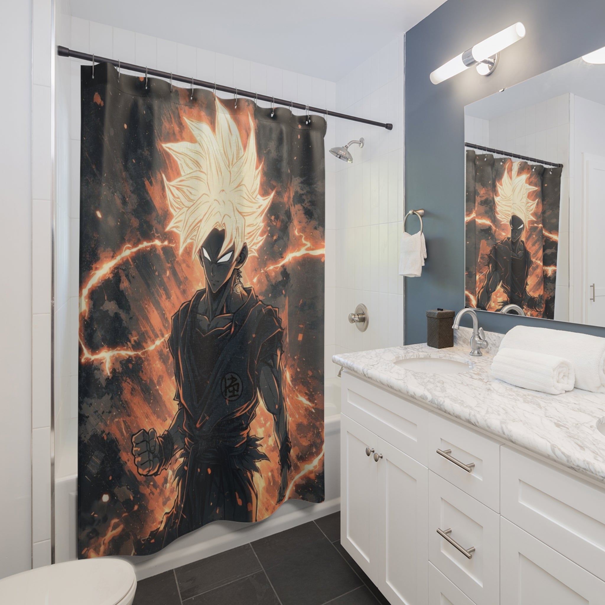 Flaming Super Saiyan Shower Curtain | Anime Warrior Bathroom Decor