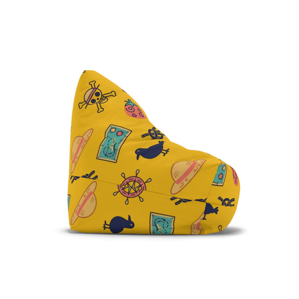 Nautical Treasure Yellow Bean Bag Cover — Pirate Map, Ship Wheel & Chest Pattern