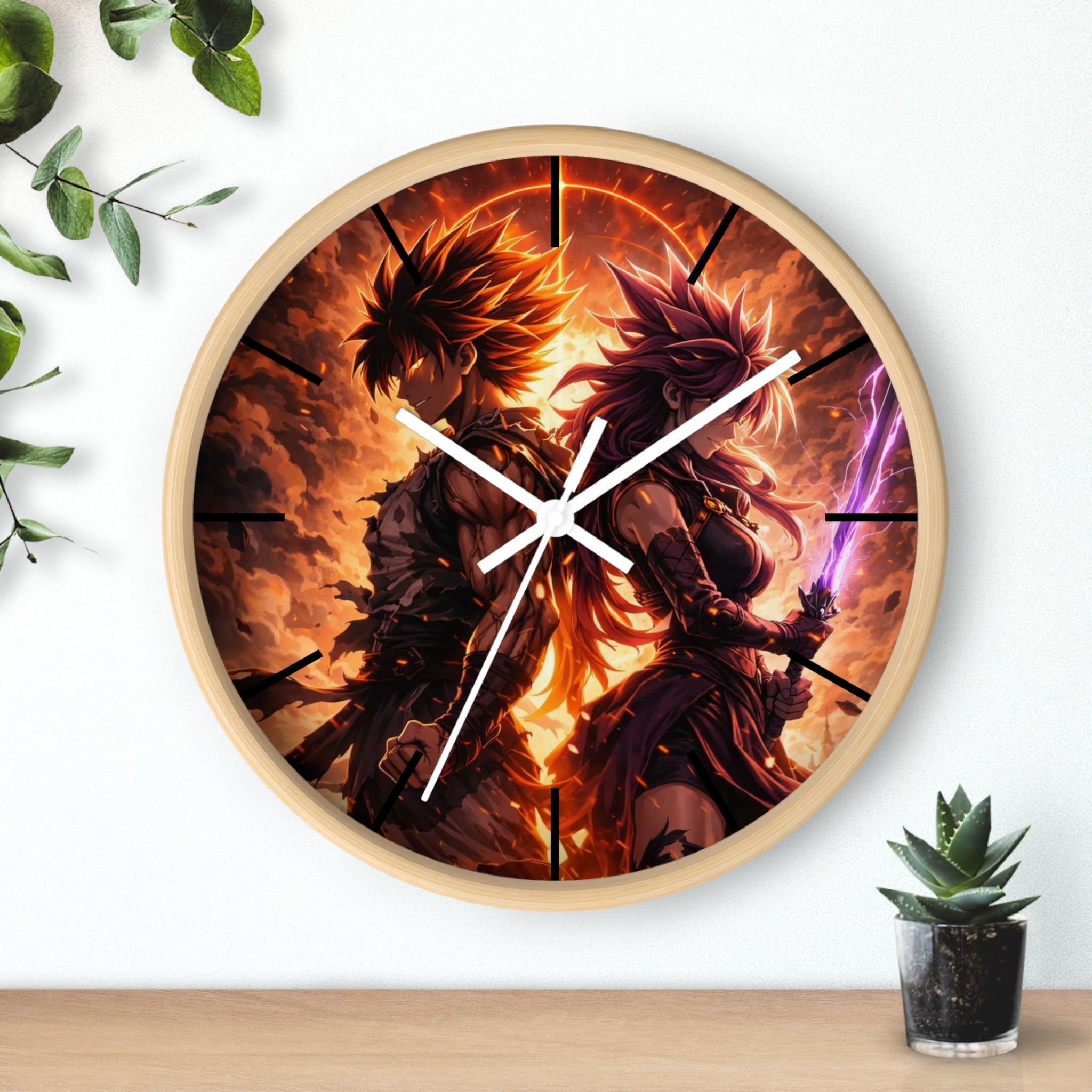 Fiery Warrior Duo Wall Clock | Fantasy Anime Swordfighters, Glowing Battle Scene