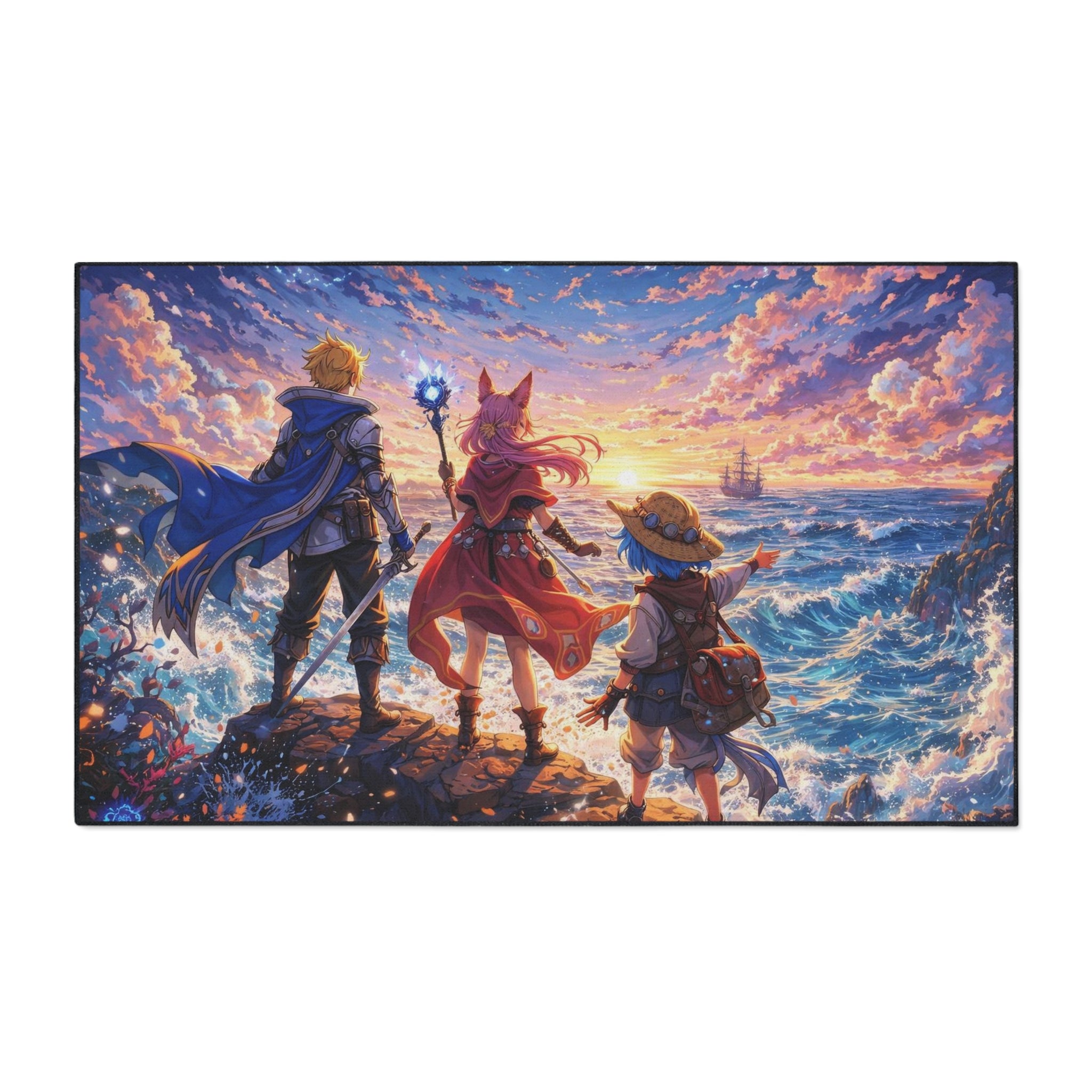 Sunset Adventure Party Heavy Duty Floor Mat | Fantasy RPG Characters Seaside