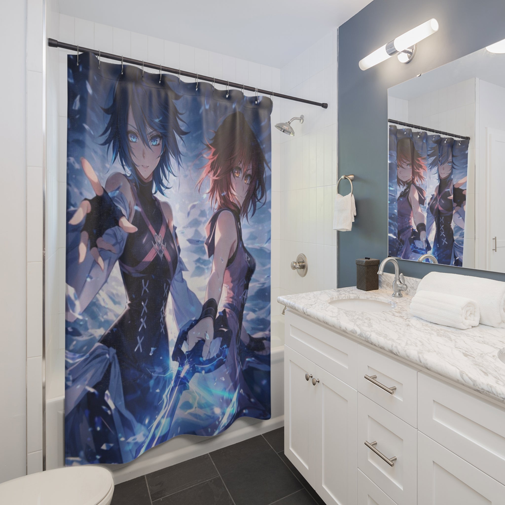 Fantasy Anime Twin Warriors Shower Curtain | Mystic Blue Character Art