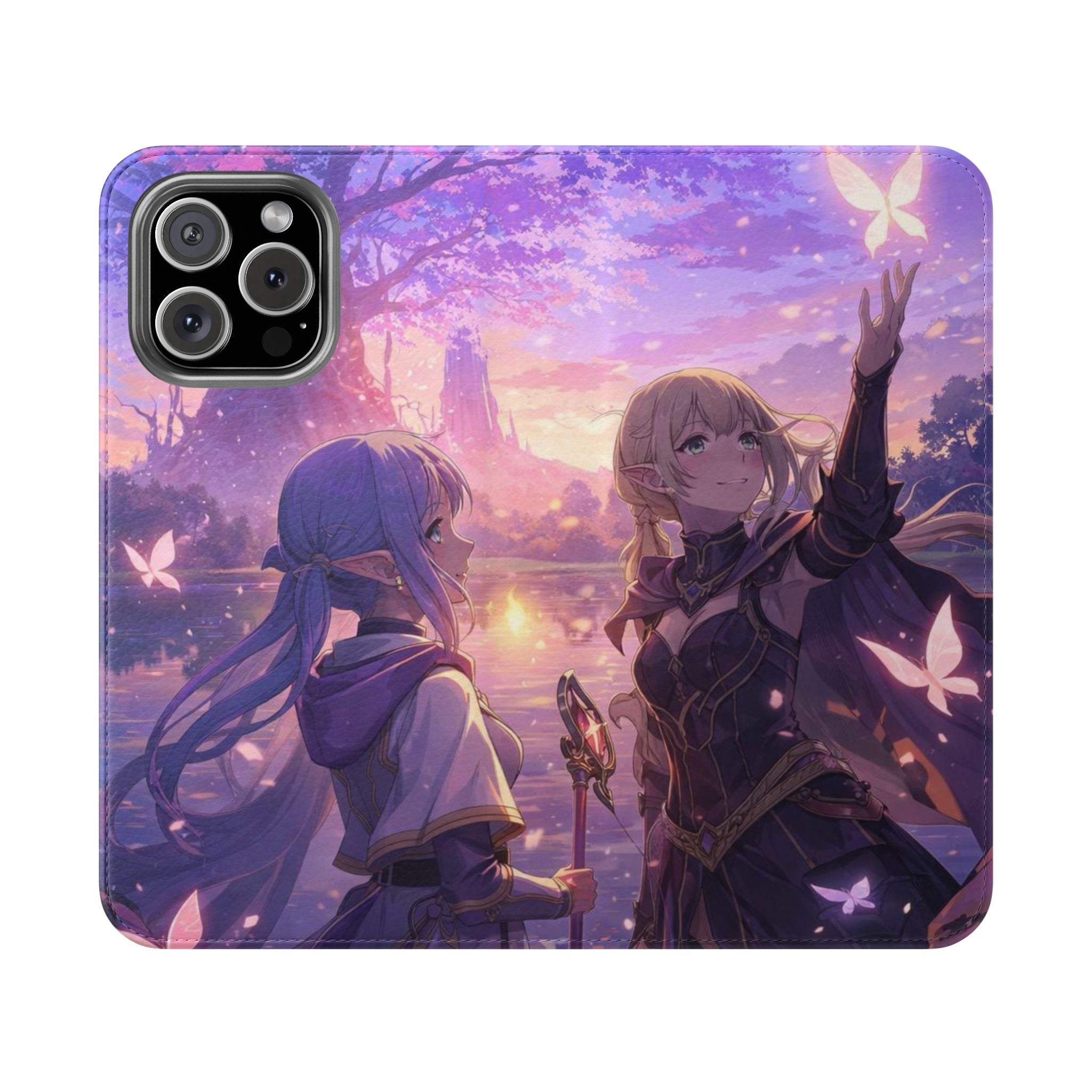 Anime Landscape Flip Phone Case — Fantasy Sunset Genshin-Style Wallet Cover