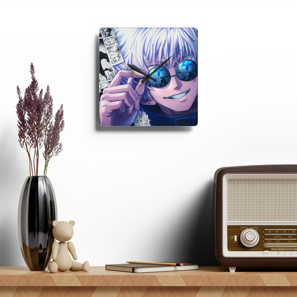 Anime Smiling Silver-Haired Character Acrylic Wall Clock | Manga Panel Background