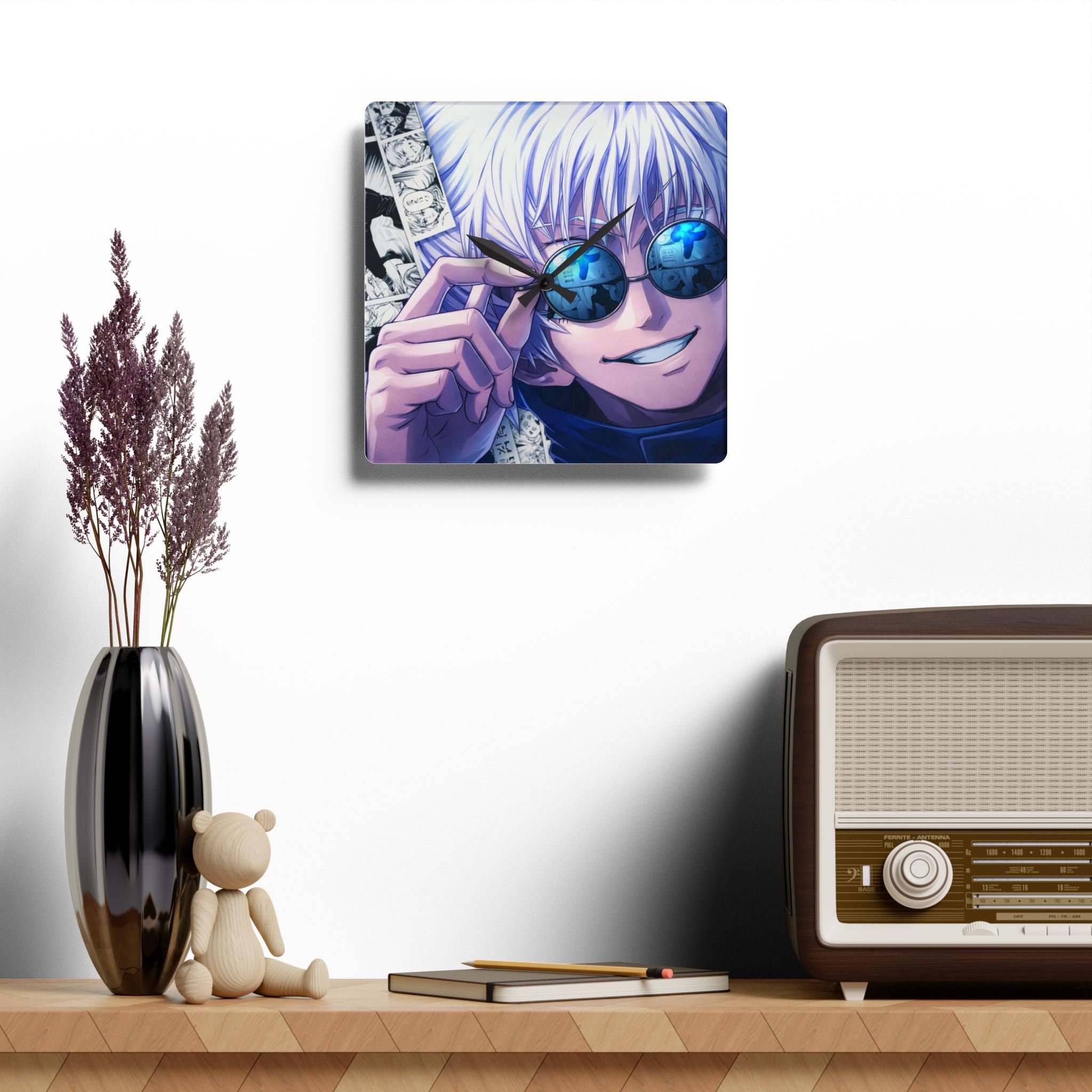 Anime Smiling Silver-Haired Character Acrylic Wall Clock | Manga Panel Background