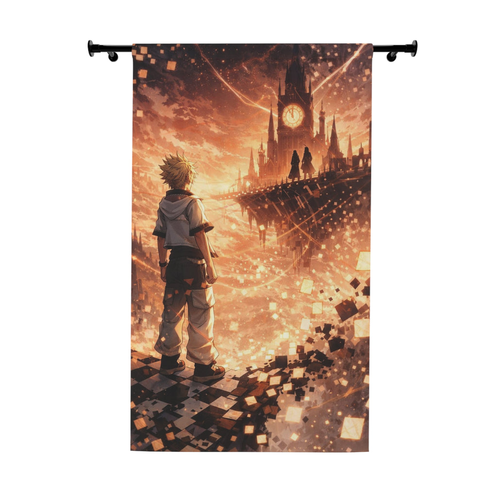 Fantasy Clocktower Scene Window Curtain | Anime-style Sunset Silhouette