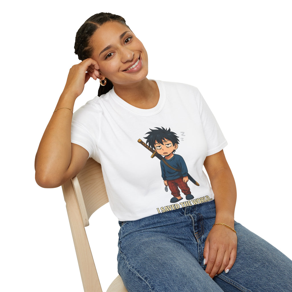 I Saved the World... In My Sleep Unisex Softstyle T-Shirt | Perfect for Sleep Lovers, Casual Wear, Gifts, Anime Fans, Fun Tee