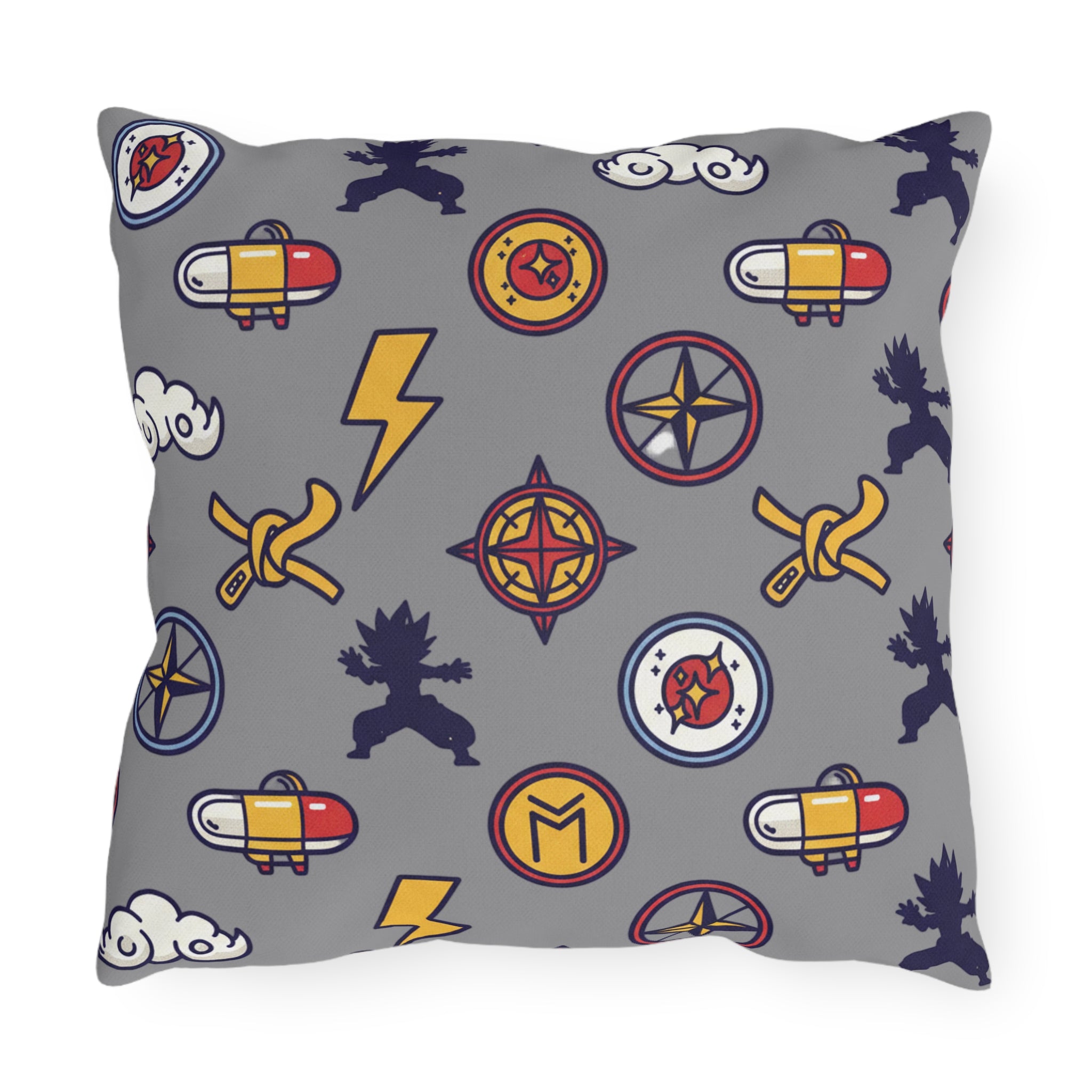 Adventure Icons Outdoor Pillow — Compass, Lightning & Explorer Patch Pattern