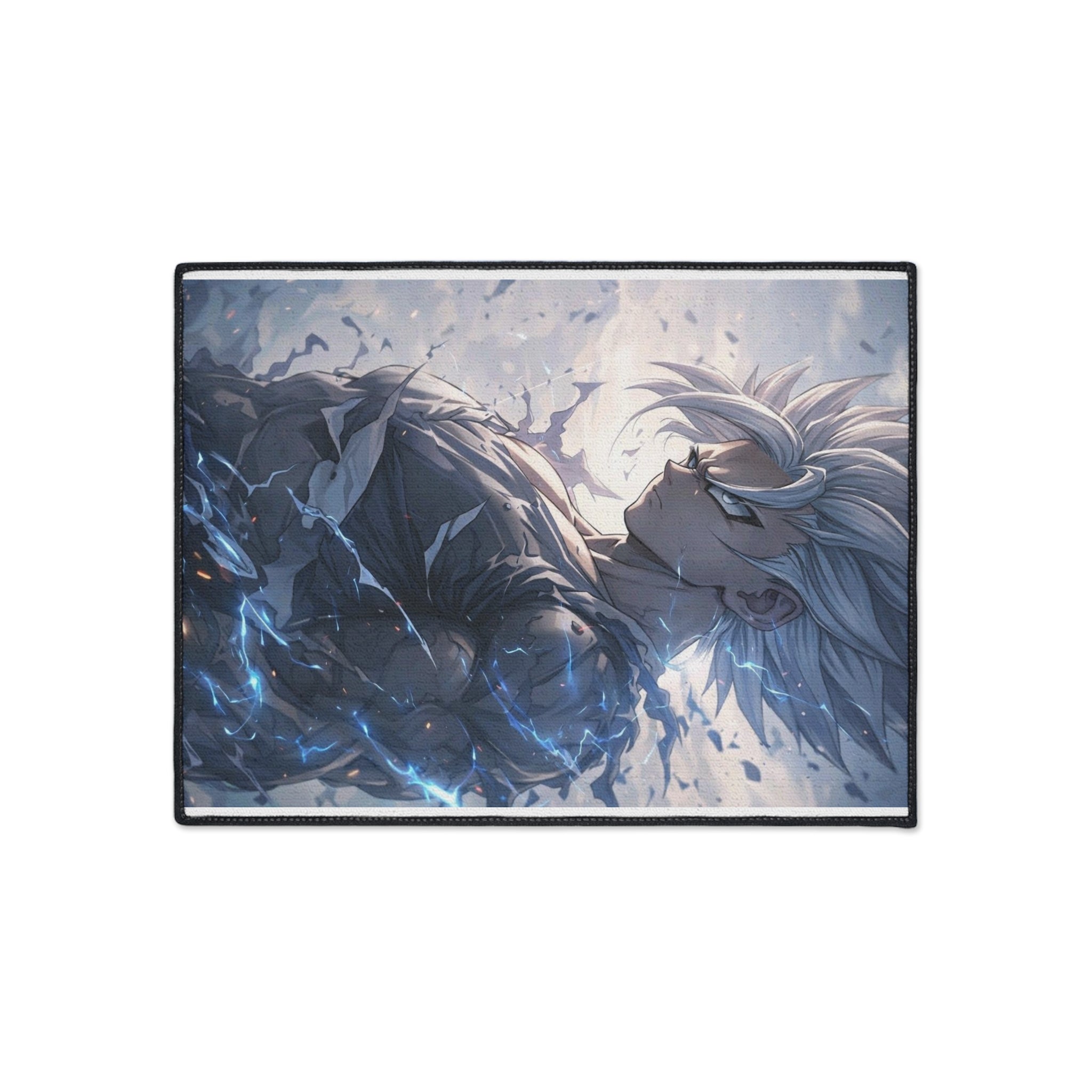 White-Haired Anime Warrior floor mat | Gaming Room Decor, Non-Slip Rug