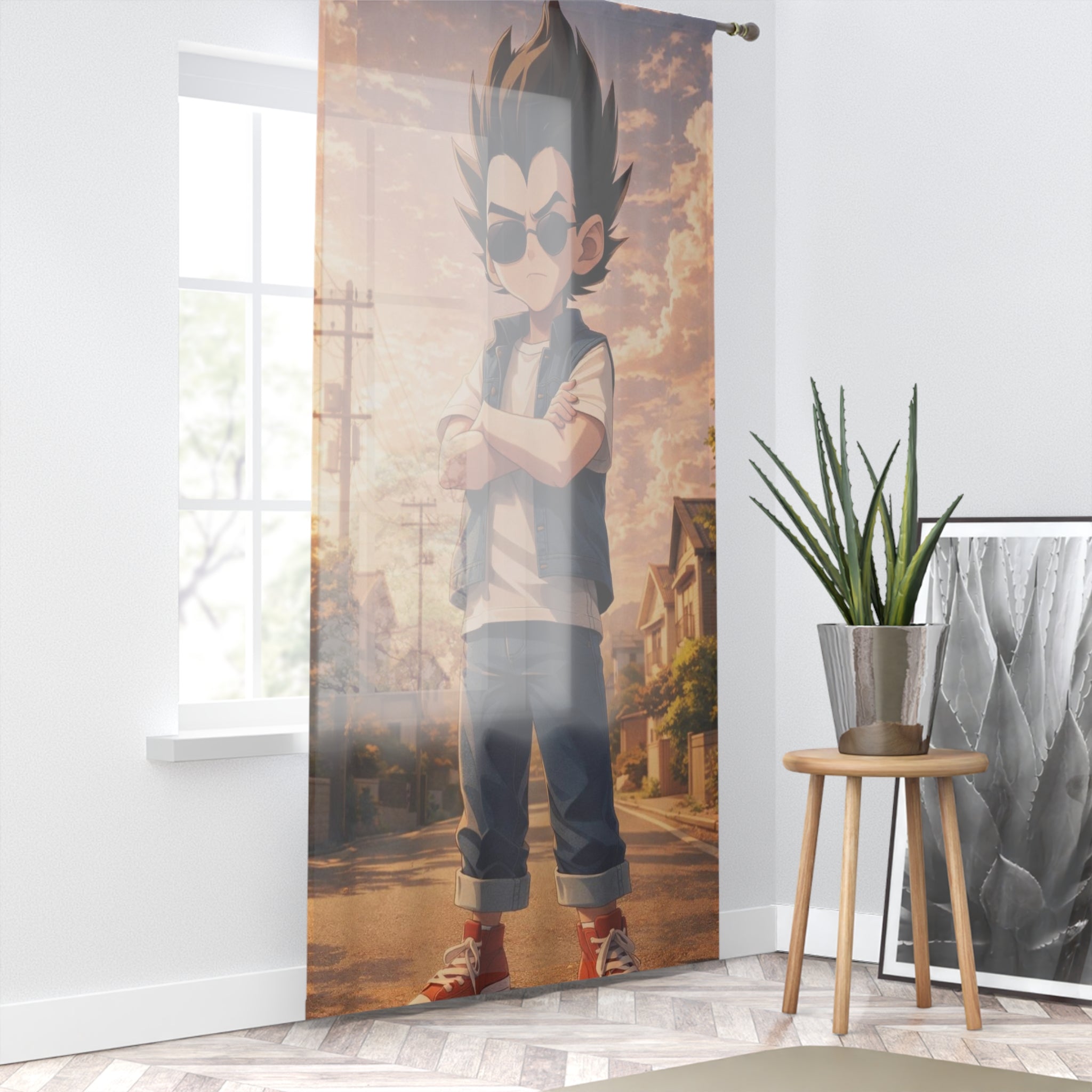 Cartoon Cool Kid Window Curtain | Anime Street Scene Sheer Panel