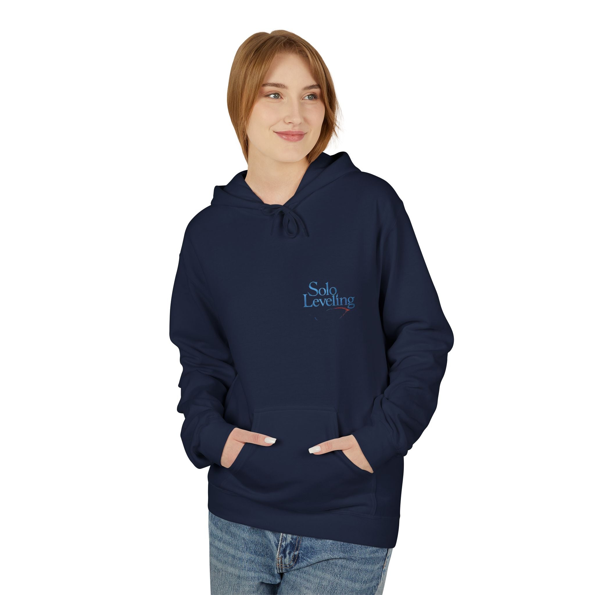 Solo Leveling silhouette design Hoodie | dark anime backprint, small chest logo