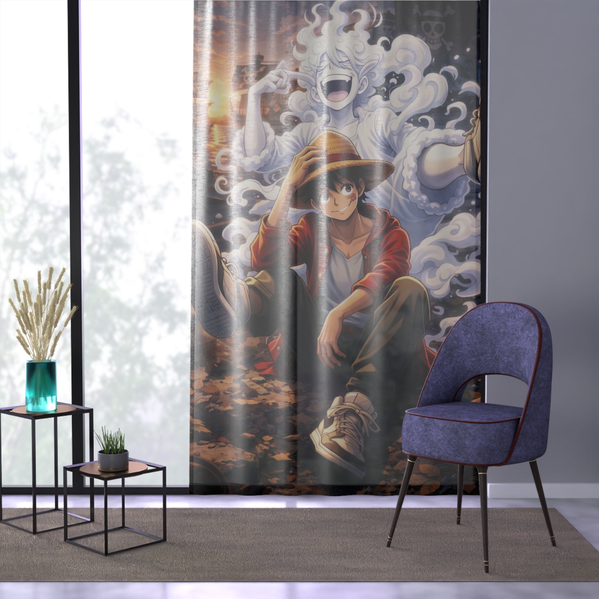 Anime Ghost Window Curtain — Luffy-Inspired Pirate Spirit Drapery