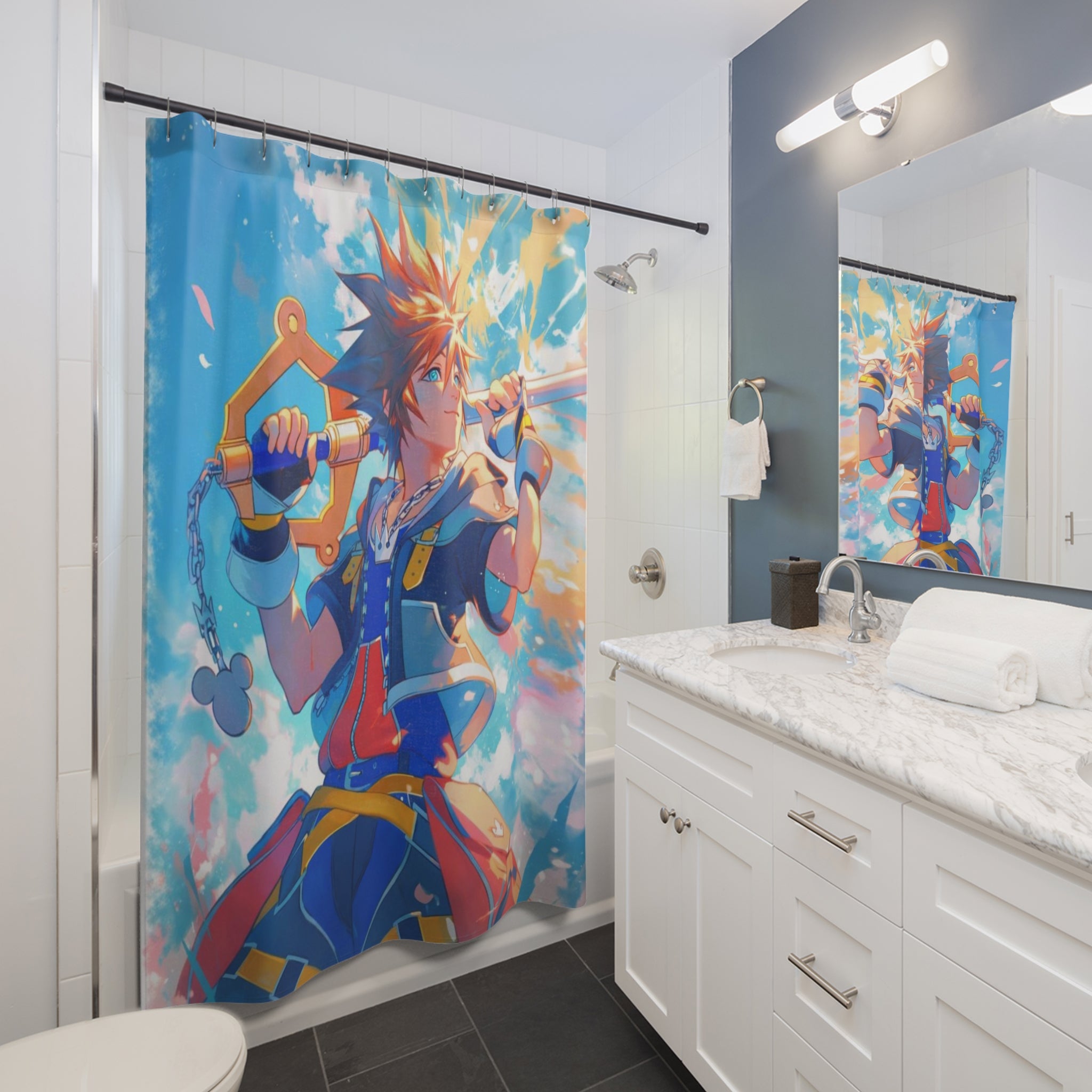 Heroic Keyblade Warrior Shower Curtain | Animated Fantasy Bathroom Decor