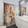 Anime Beach Shower Curtain — Cute Redhead Mermaid Swimsuit Design