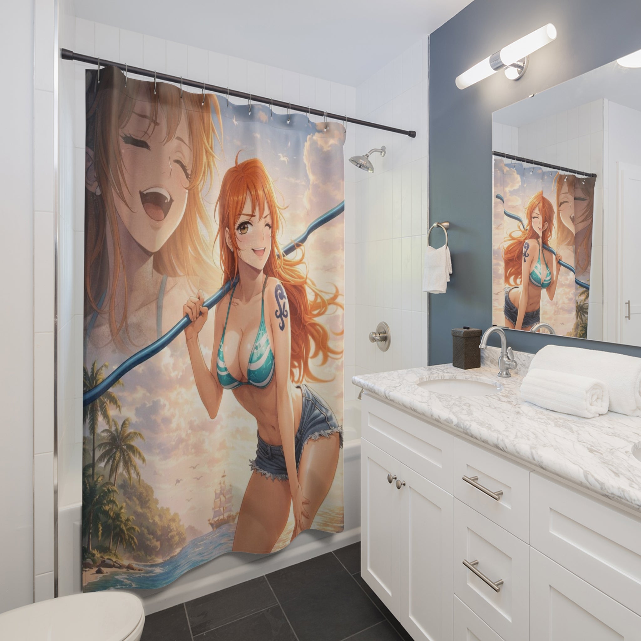 Anime Beach Shower Curtain — Cute Redhead Mermaid Swimsuit Design