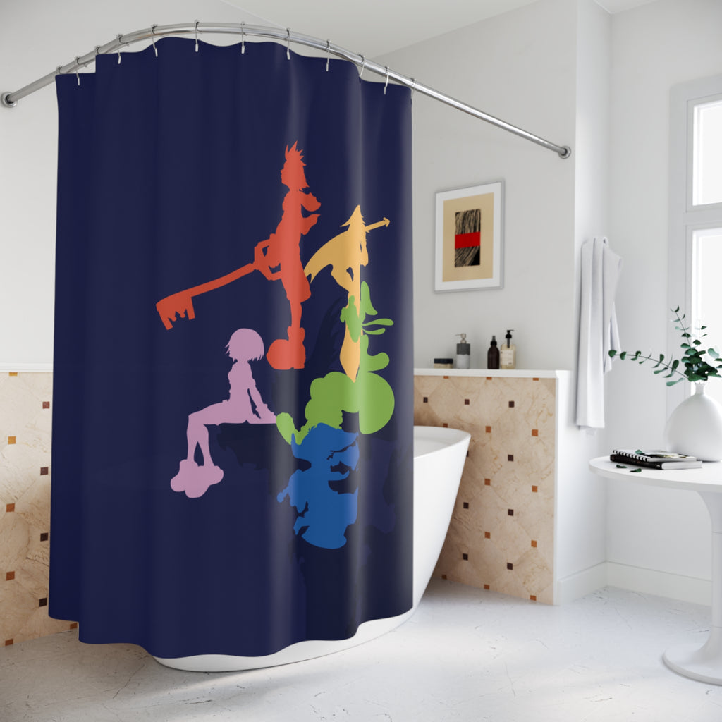 Rainbow Video Game Silhouettes Shower Curtain | Navy Bathroom Decor
