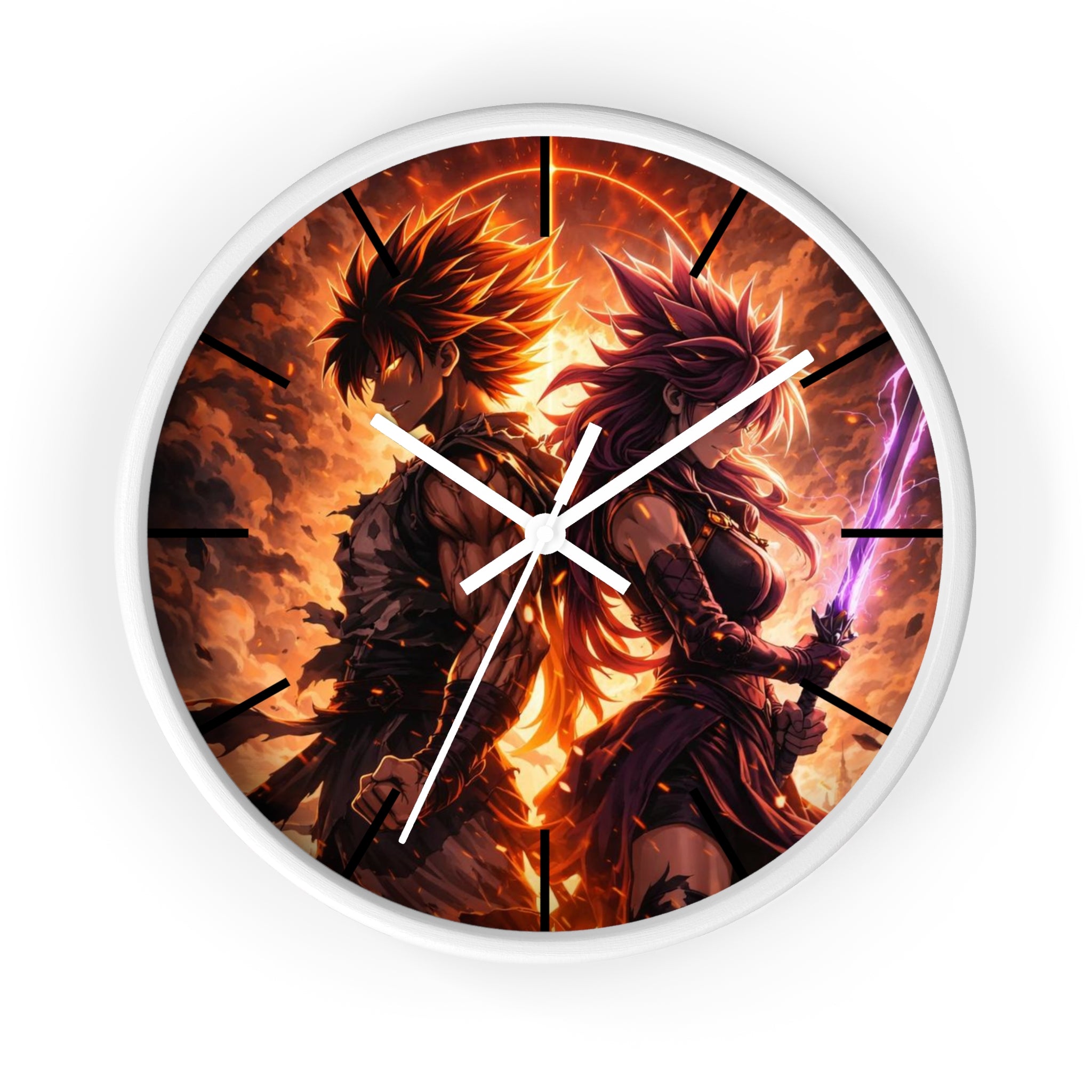 Fiery Warrior Duo Wall Clock | Fantasy Anime Swordfighters, Glowing Battle Scene