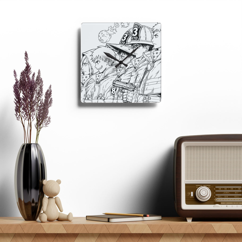 Firefighters Line Art Acrylic Wall Clock | Anime Squad Sketch