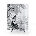 Cowboy by the Lake Shower Curtain | Western Black White Illustration