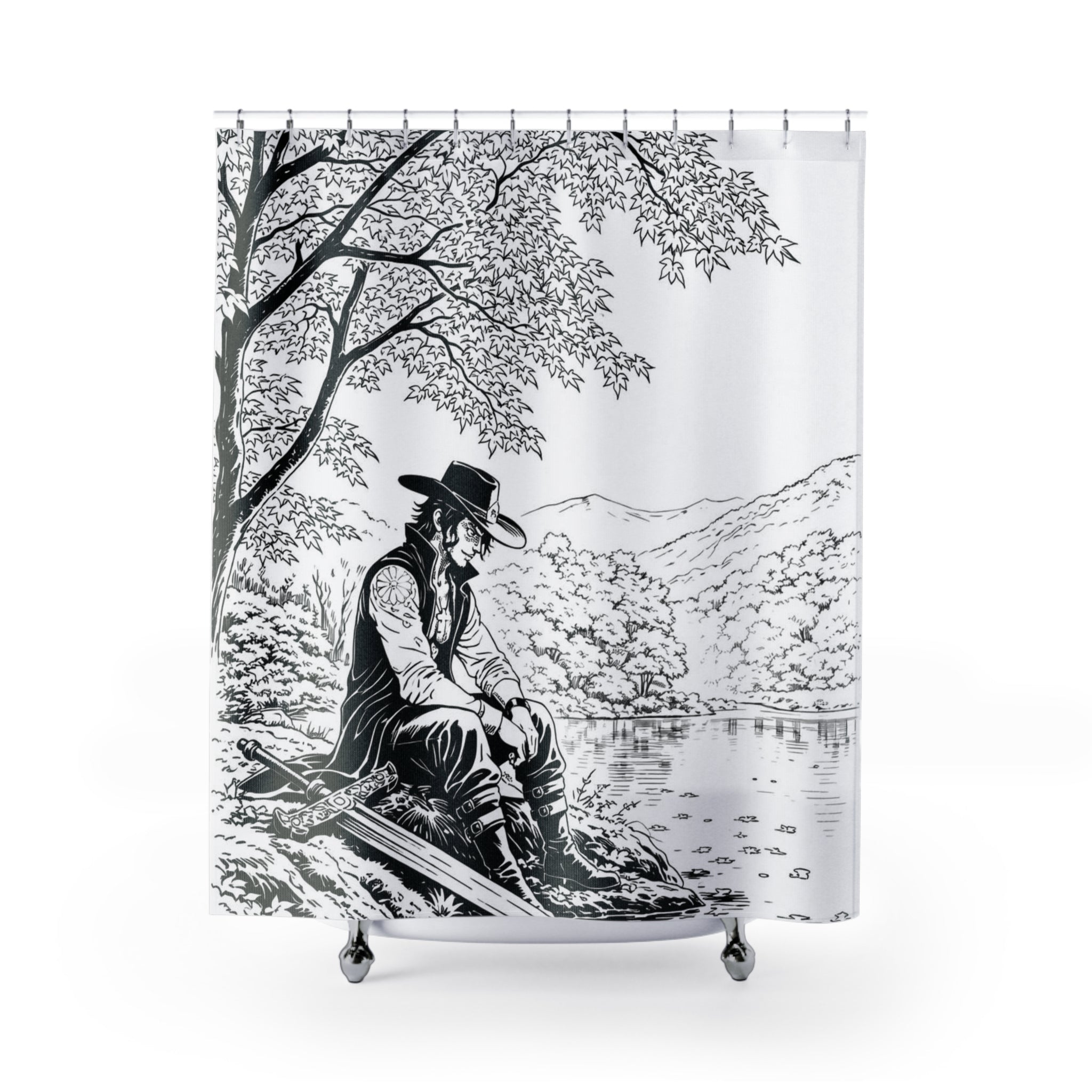 Cowboy by the Lake Shower Curtain | Western Black White Illustration