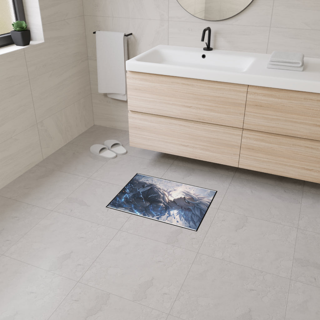 White-Haired Anime Warrior floor mat | Gaming Room Decor, Non-Slip Rug