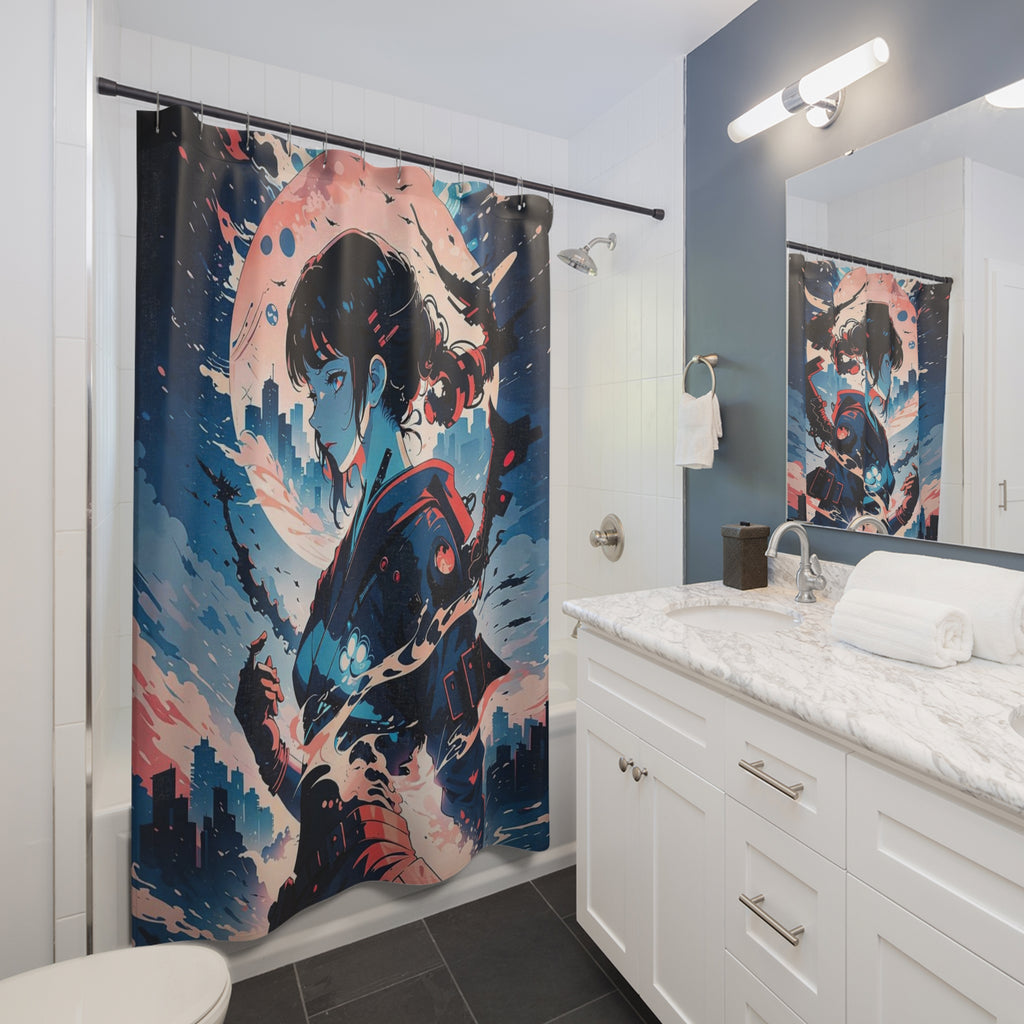 Samurai Girl Moonlight Shower Curtain | Anime Cityscape Bathroom Decor