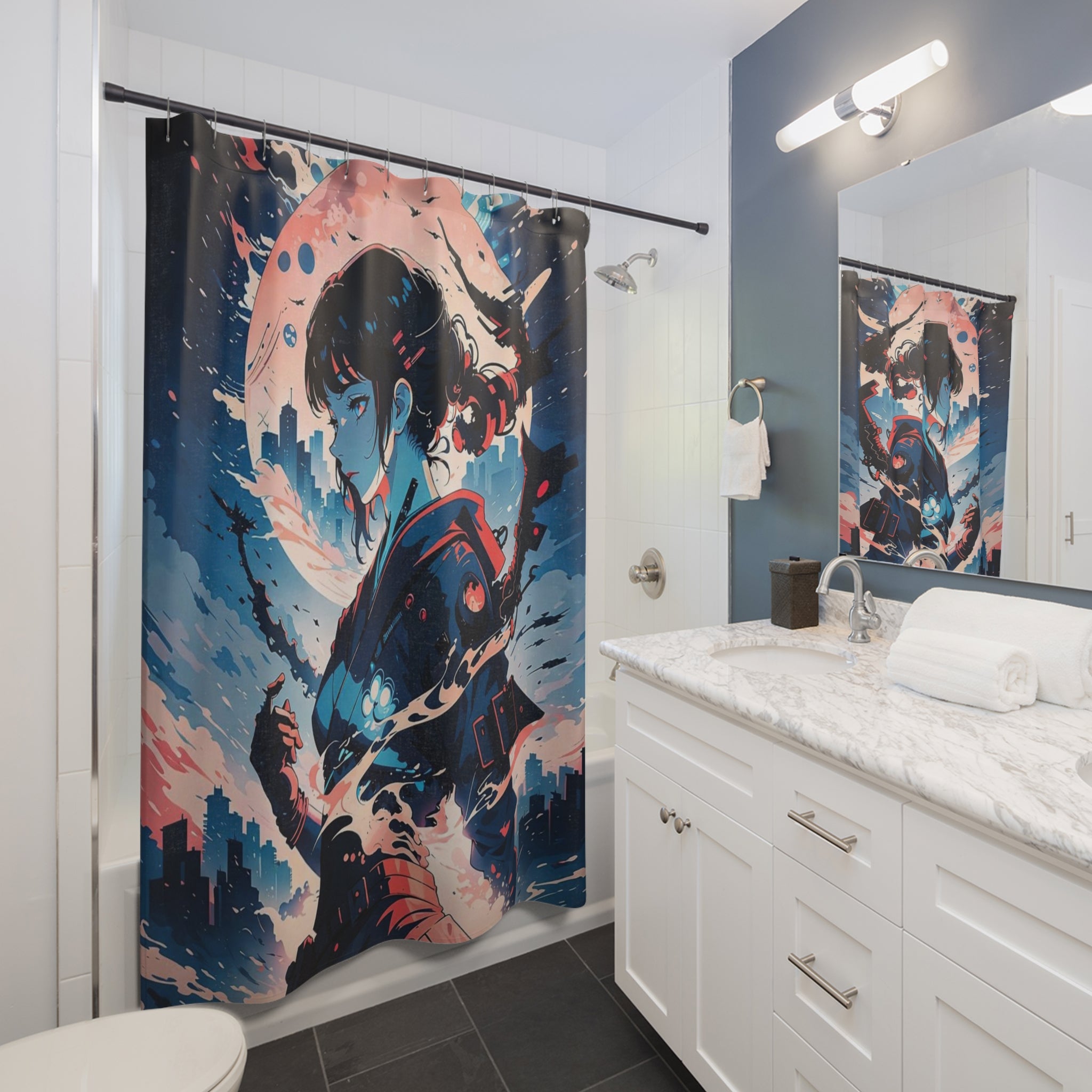Samurai Girl Moonlight Shower Curtain | Anime Cityscape Bathroom Decor