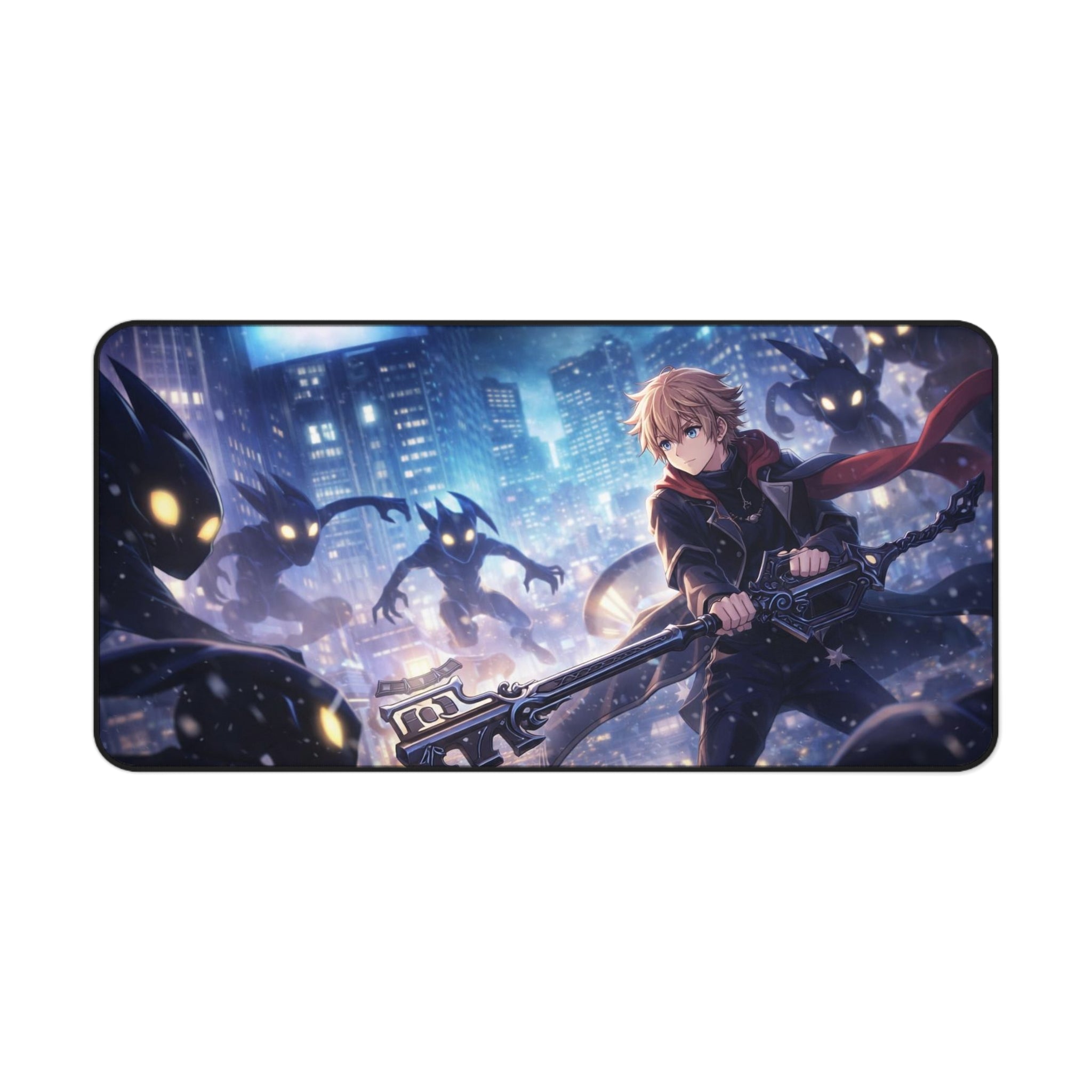 Anime Battle Desk Mat — Hero with Keyblade in Neon City