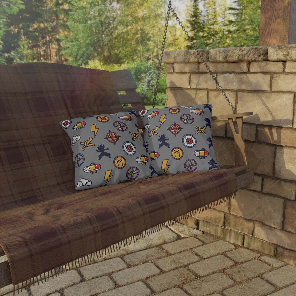 Adventure Icons Outdoor Pillow — Compass, Lightning & Explorer Patch Pattern