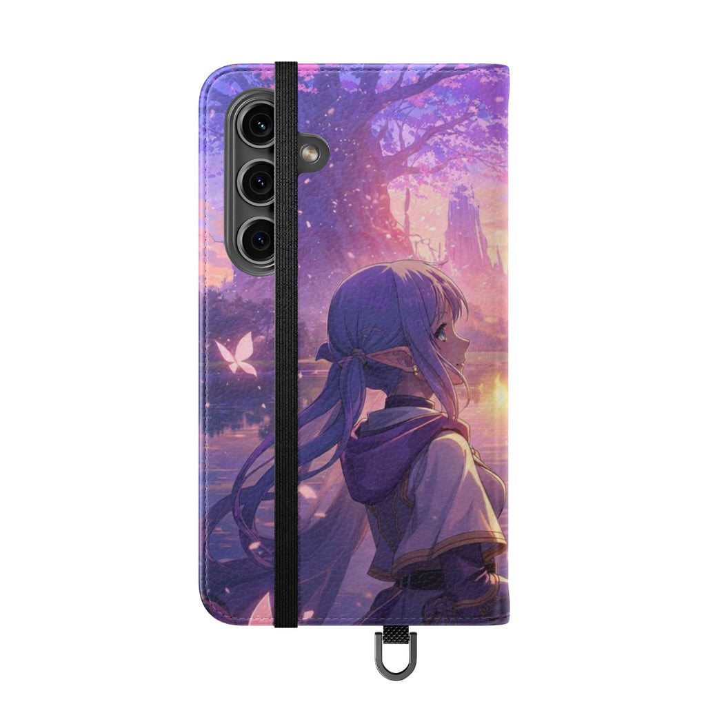 Anime Landscape Flip Phone Case — Fantasy Sunset Genshin-Style Wallet Cover