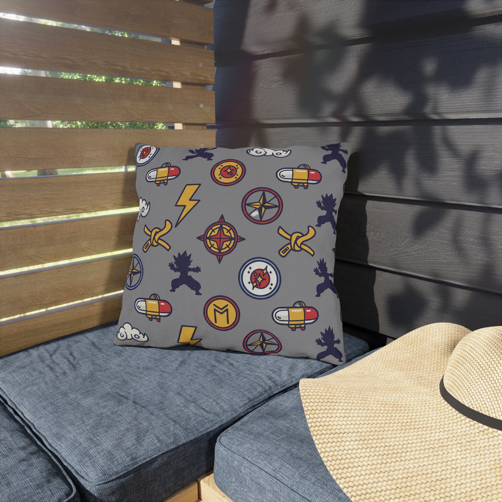 Adventure Icons Outdoor Pillow — Compass, Lightning & Explorer Patch Pattern