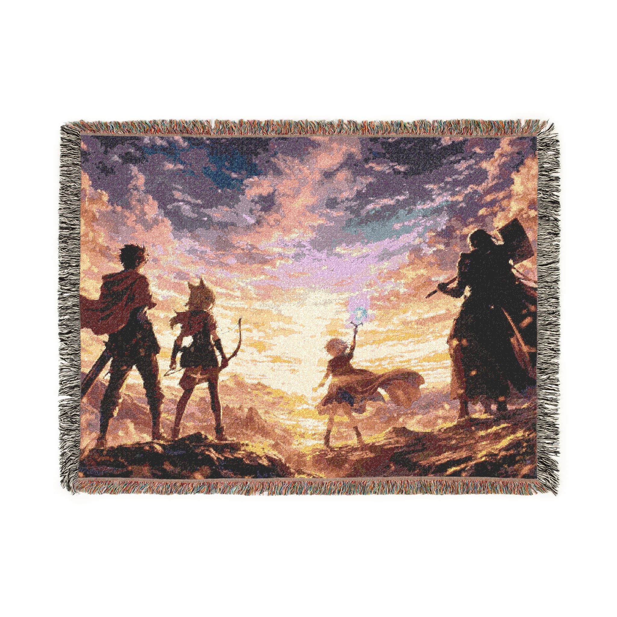 Sunset Anime Silhouettes Woven Blanket | Pixel Art Sunset Scene