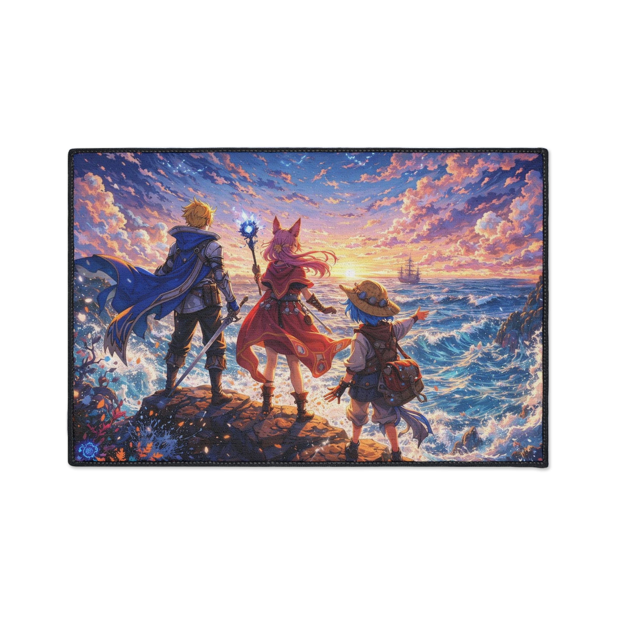 Sunset Adventure Party Heavy Duty Floor Mat | Fantasy RPG Characters Seaside