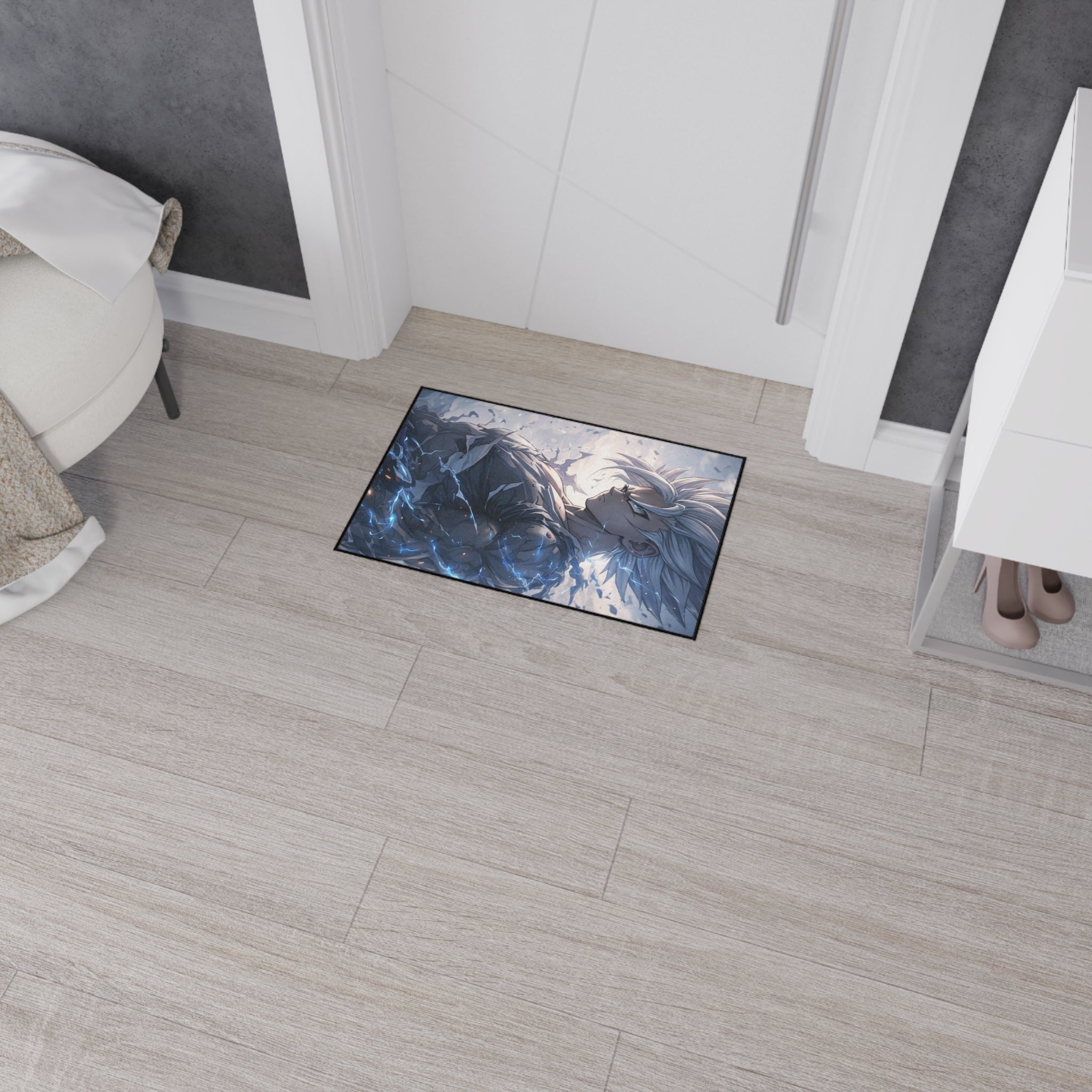 White-Haired Anime Warrior floor mat | Gaming Room Decor, Non-Slip Rug