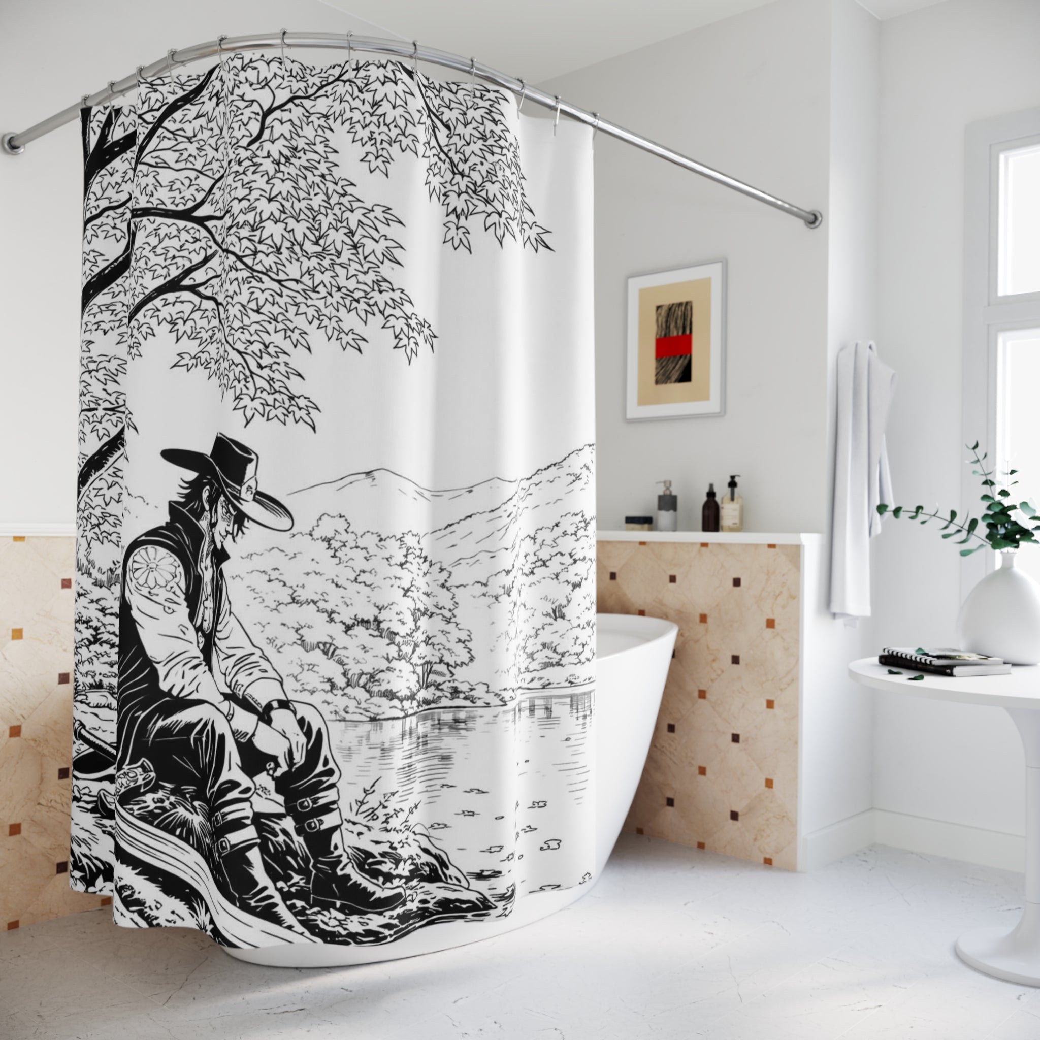 Cowboy by the Lake Shower Curtain | Western Black White Illustration